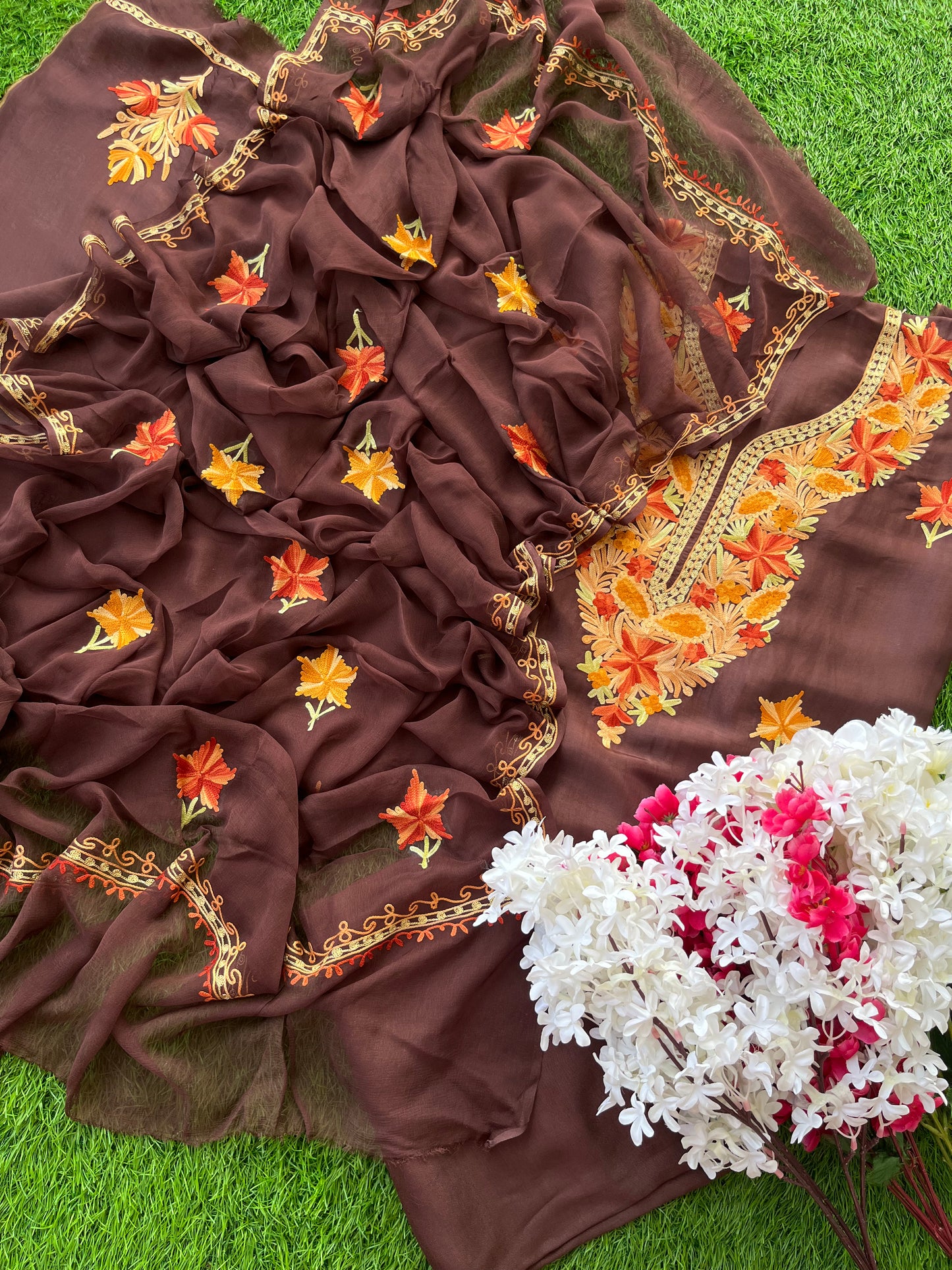 Chocolate Brown Opada Silk Aari Embroidered Suit material