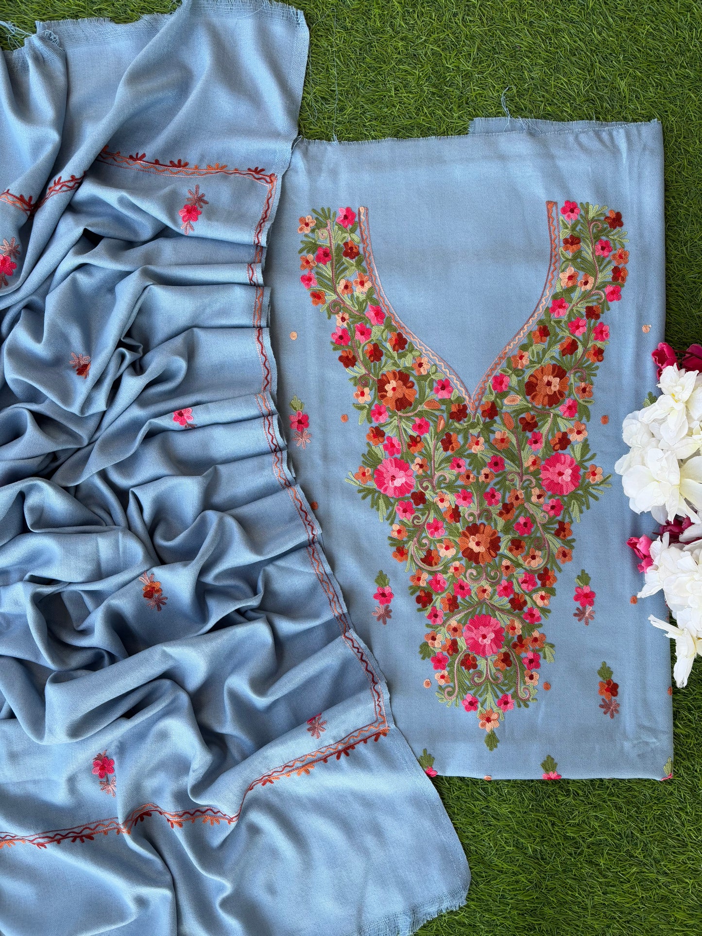 Powder Blue Woollen Aari Embroidered 3pc suit