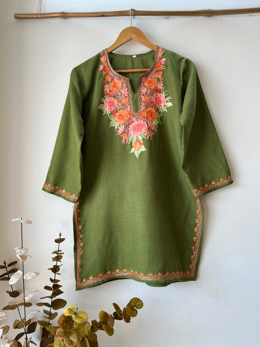 Green Cotton Aari Work Kurti