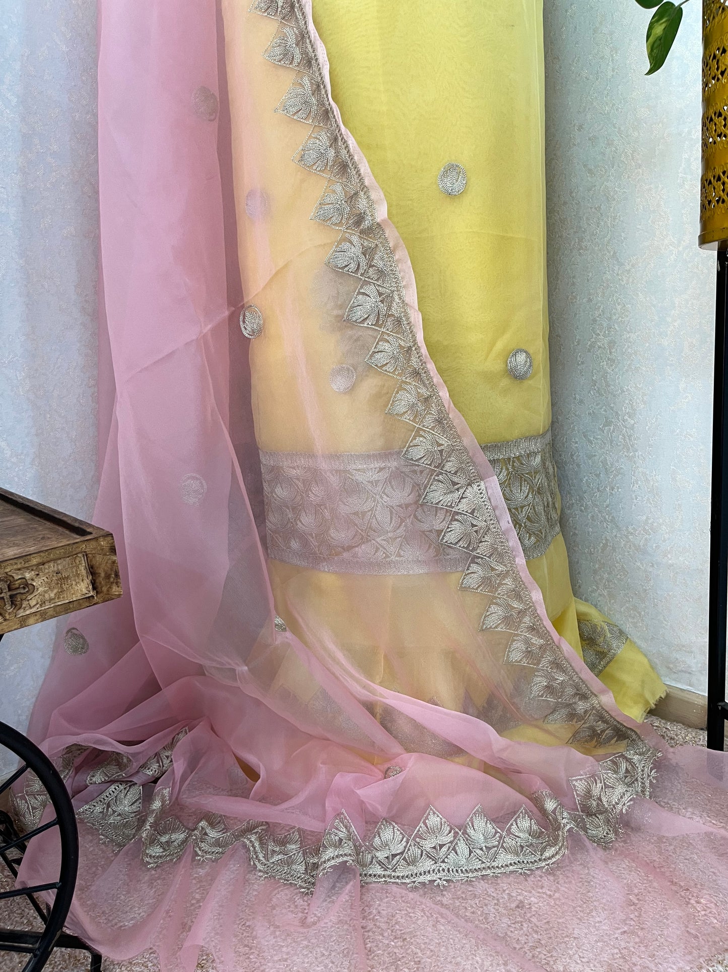 Lemon Yellow Soft Tissue Kashmiri Suit