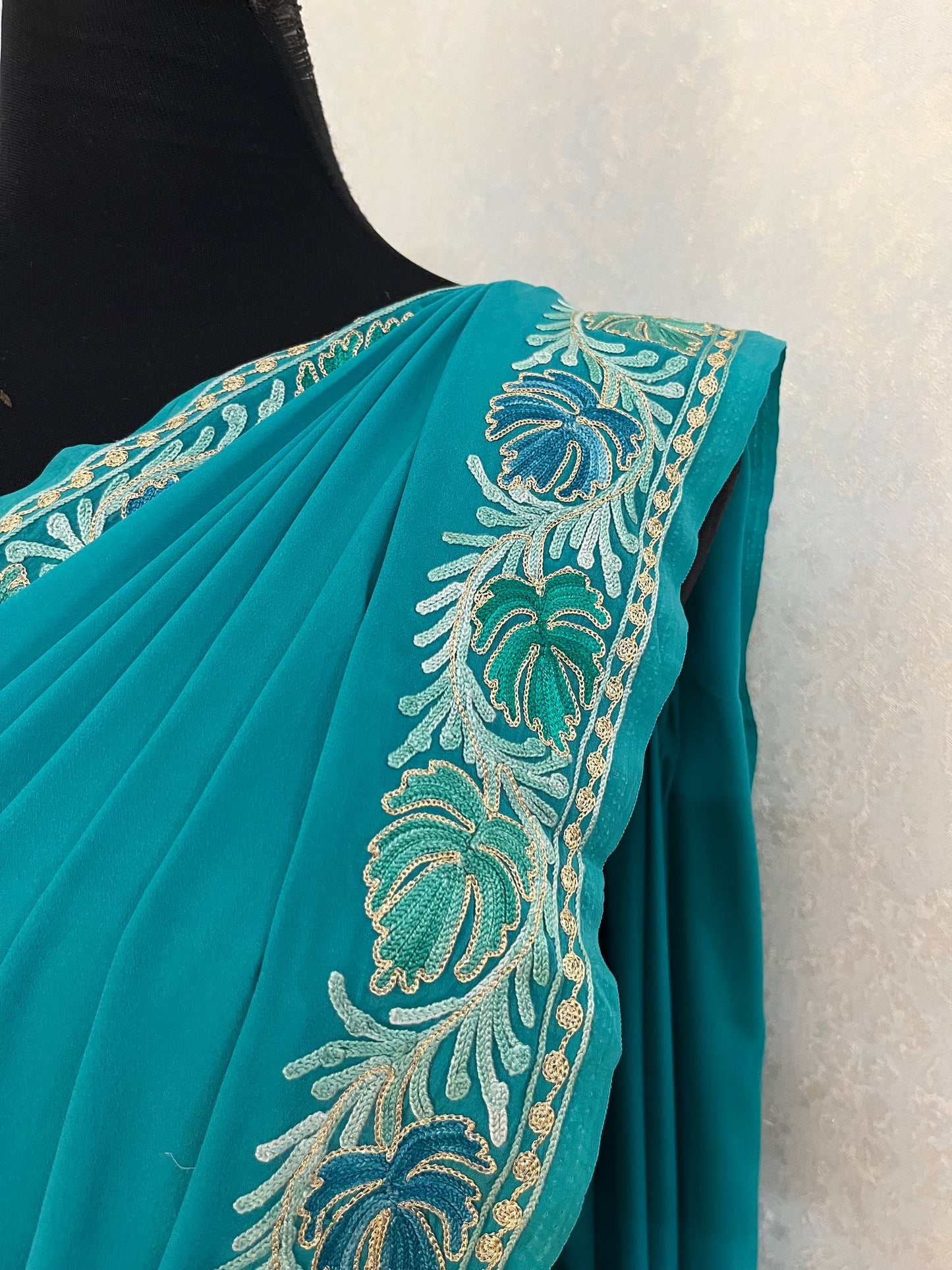 Blue Crape Kashmiri Saree with Tilla Outline