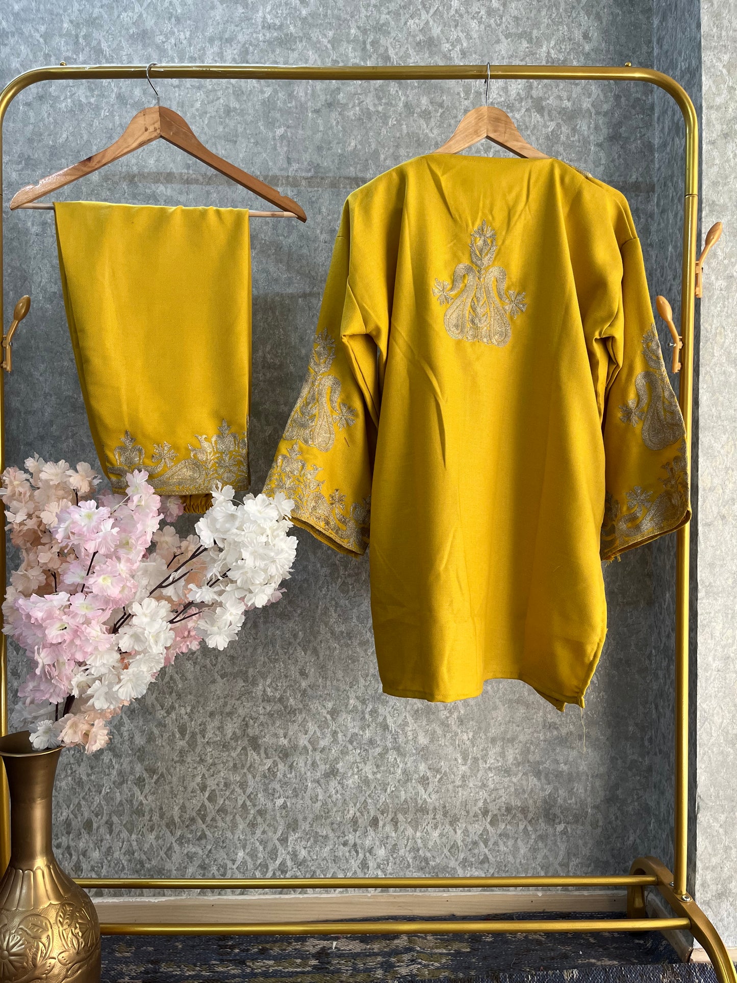 Yellow Woollen Kashmiri Co-Ord Set ( Size 46)