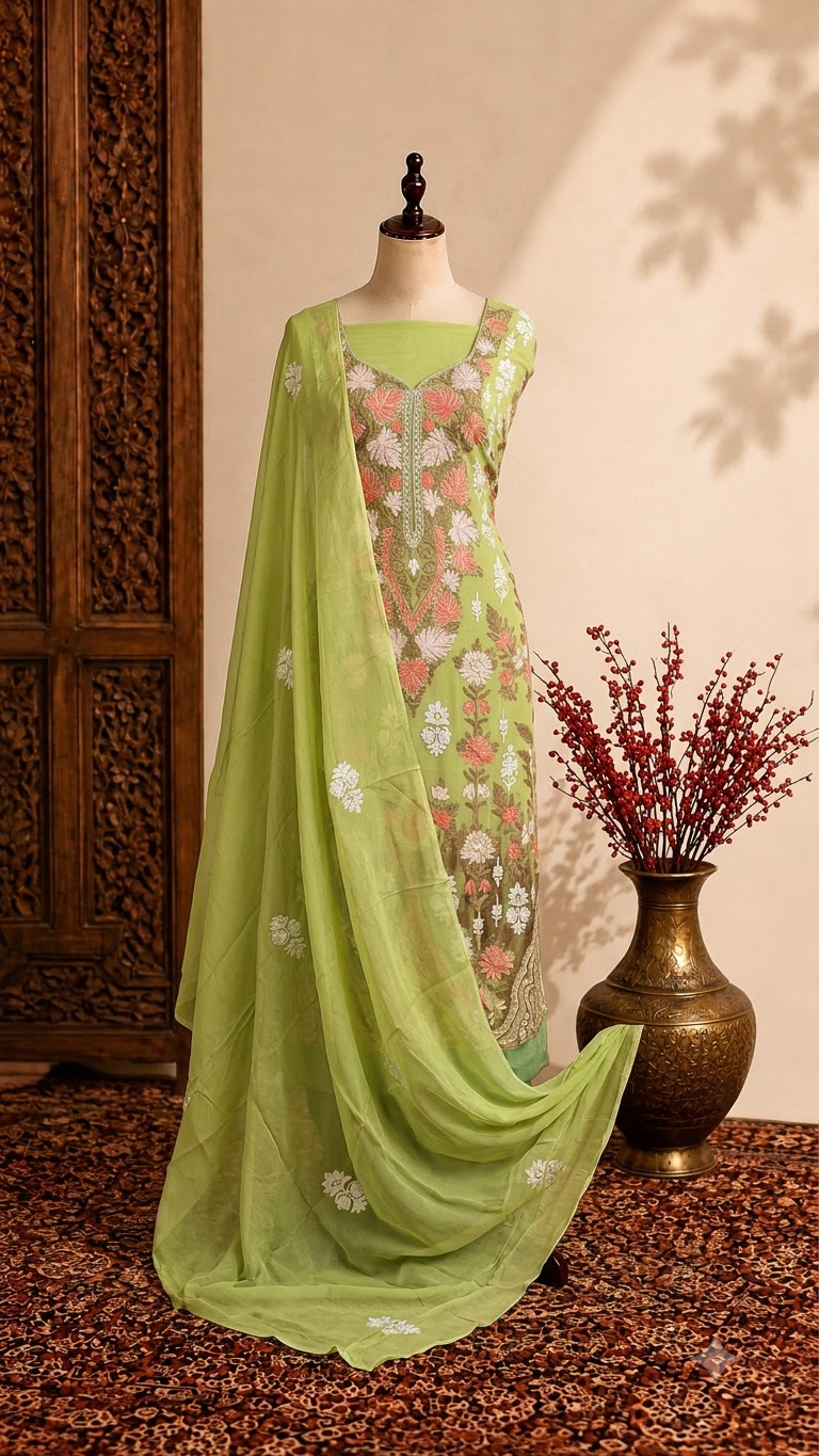Green Pure Georgette 3 Pc Heavy Kashmiri Suit