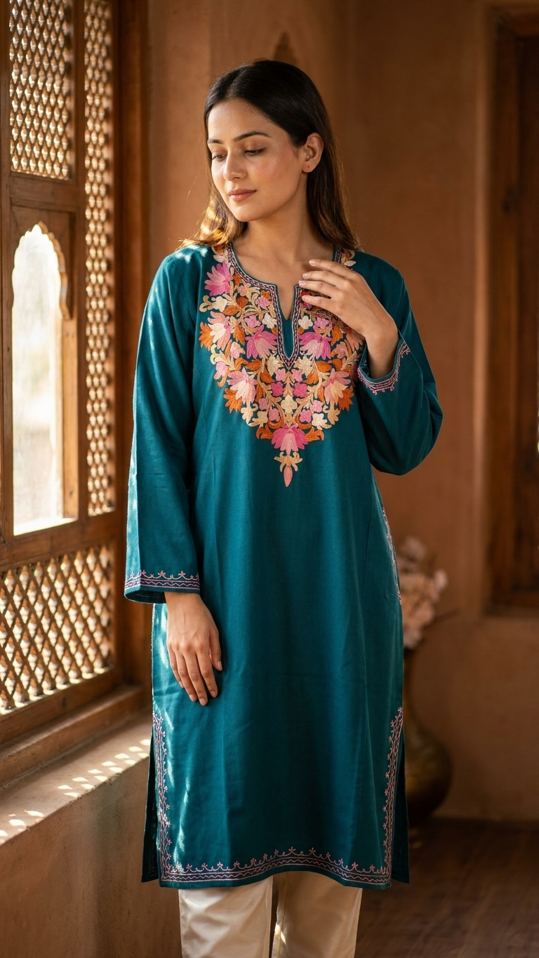 Green Aari Embroidered Wool Pheran