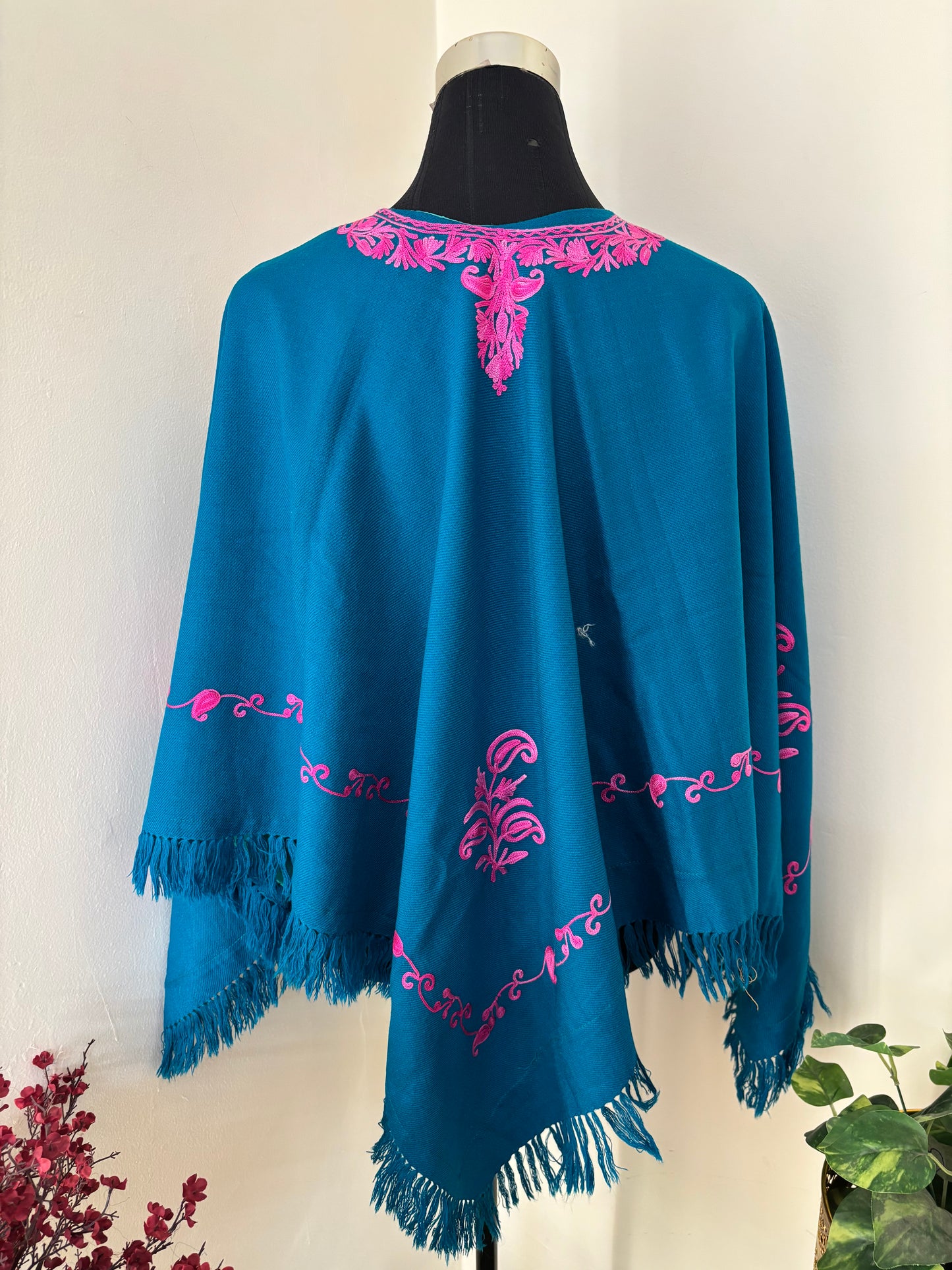 Firozi Aari Embroidered Wool Poncho