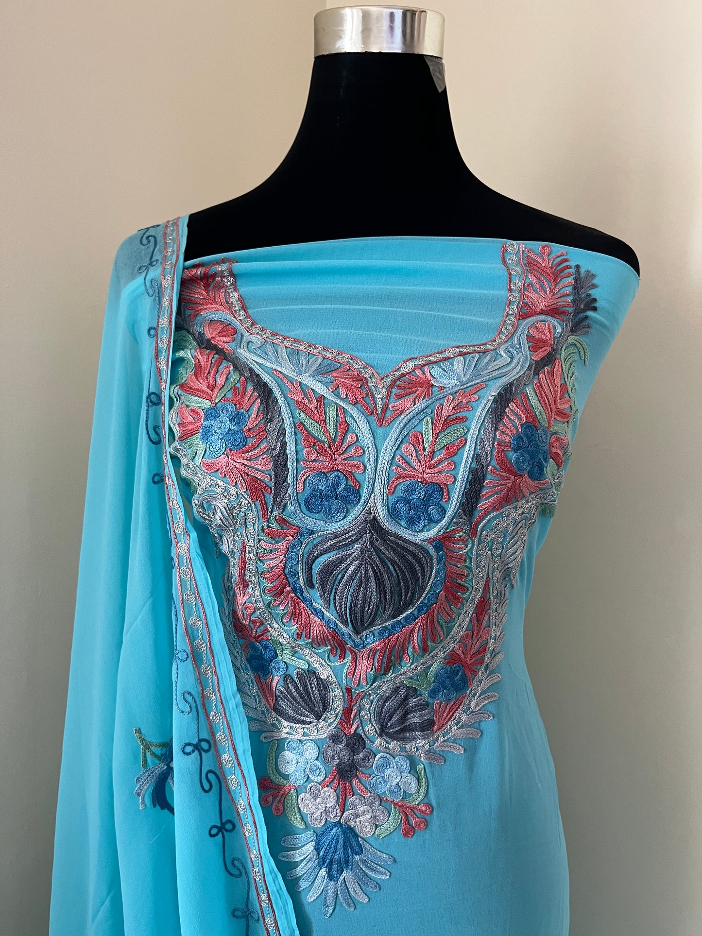 Sky Blue Georgette Shirt and Dupatta Aari Embroidered Suit