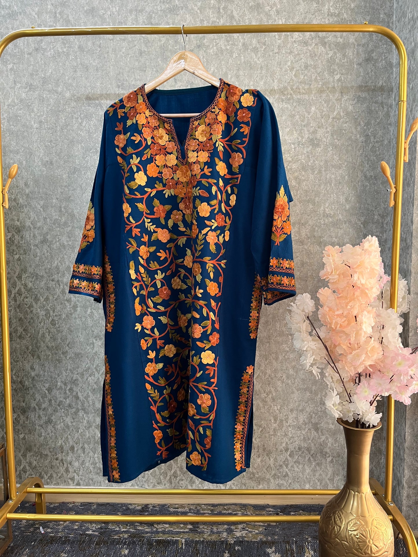 Peacock Blue Aari Embroidered Wool Pheran