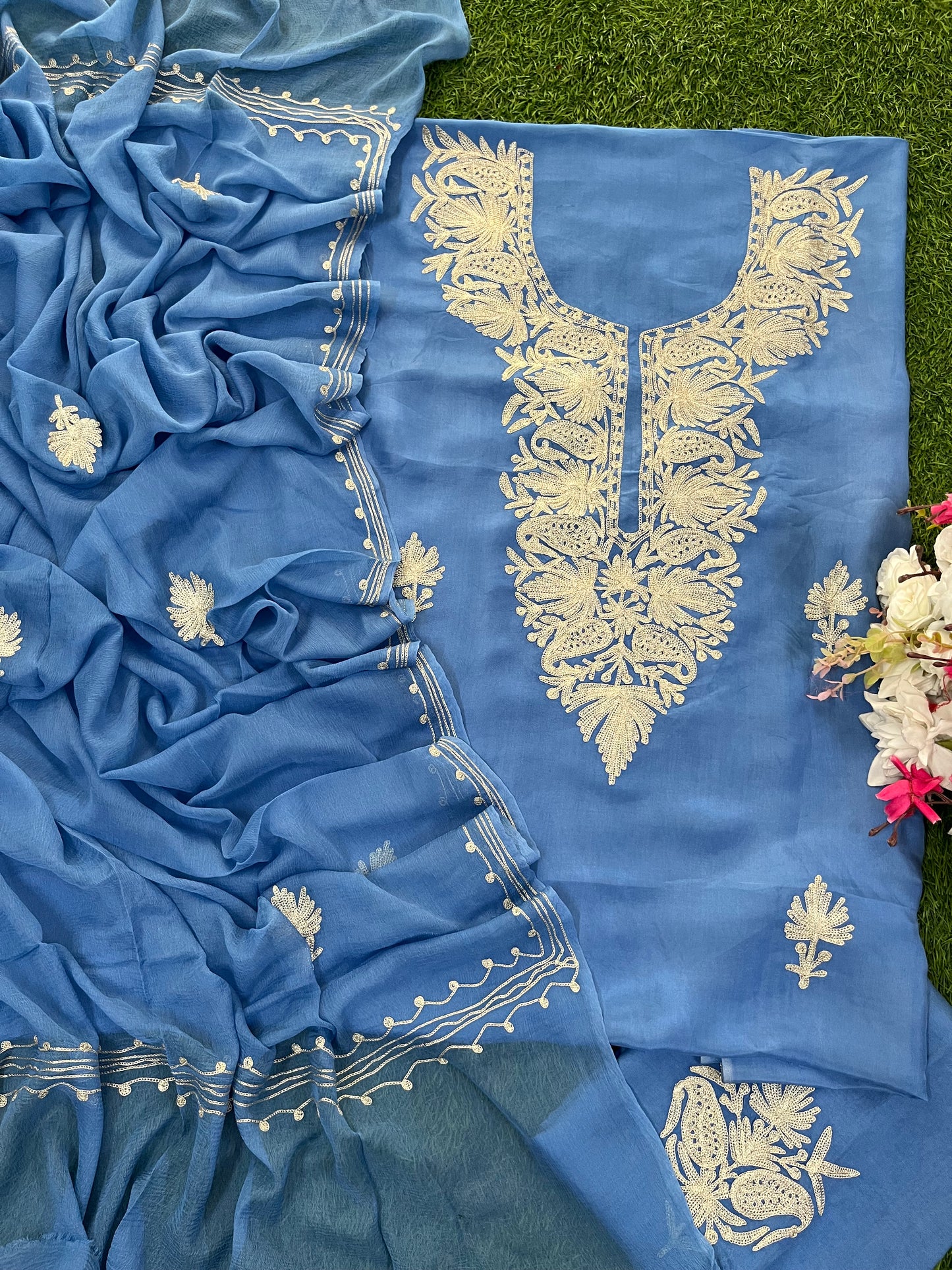 Blue Silk Tilla Kashmiri Suit