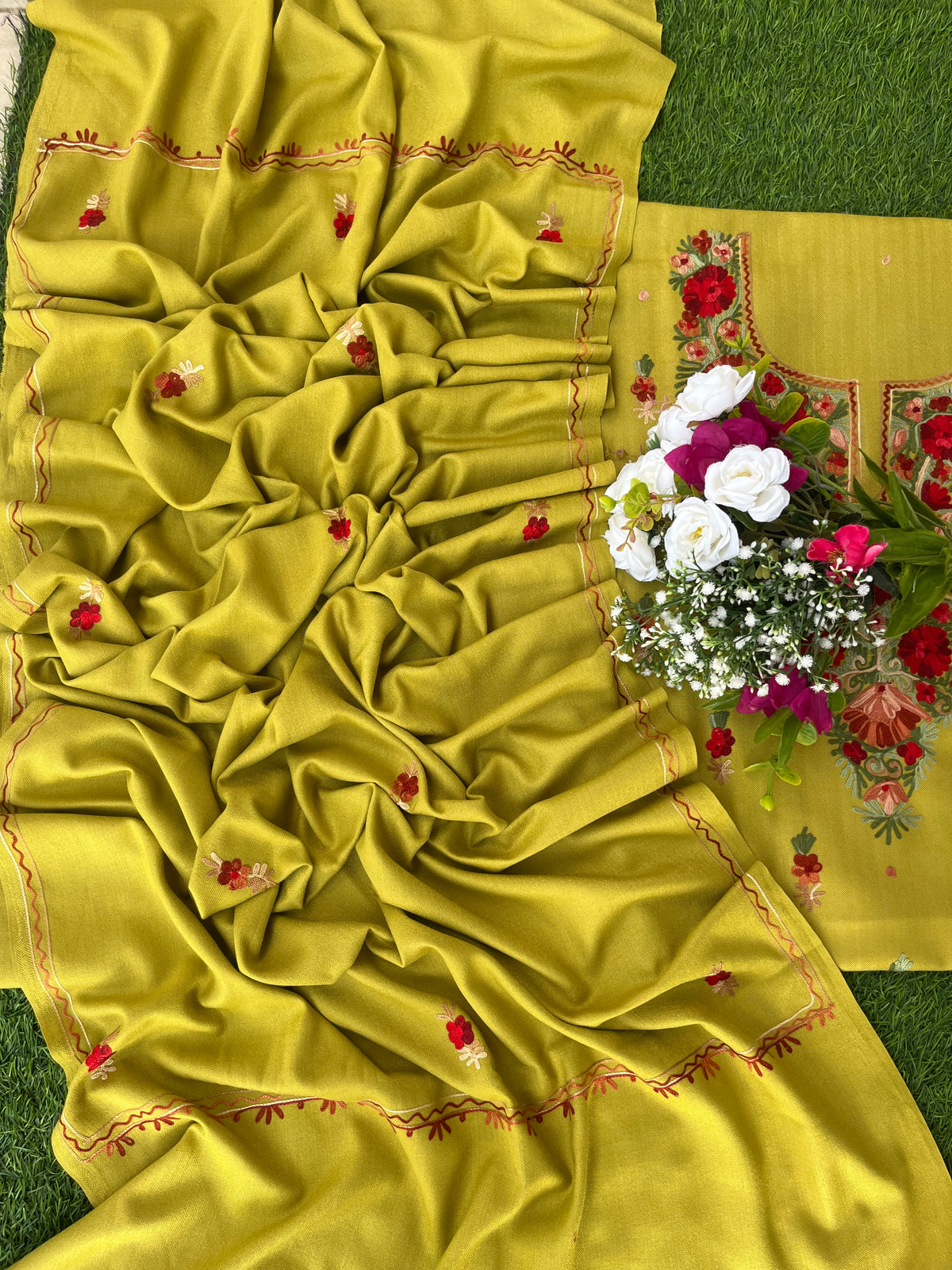 Lime Green Woollen Aari Embroidered 3pc suit