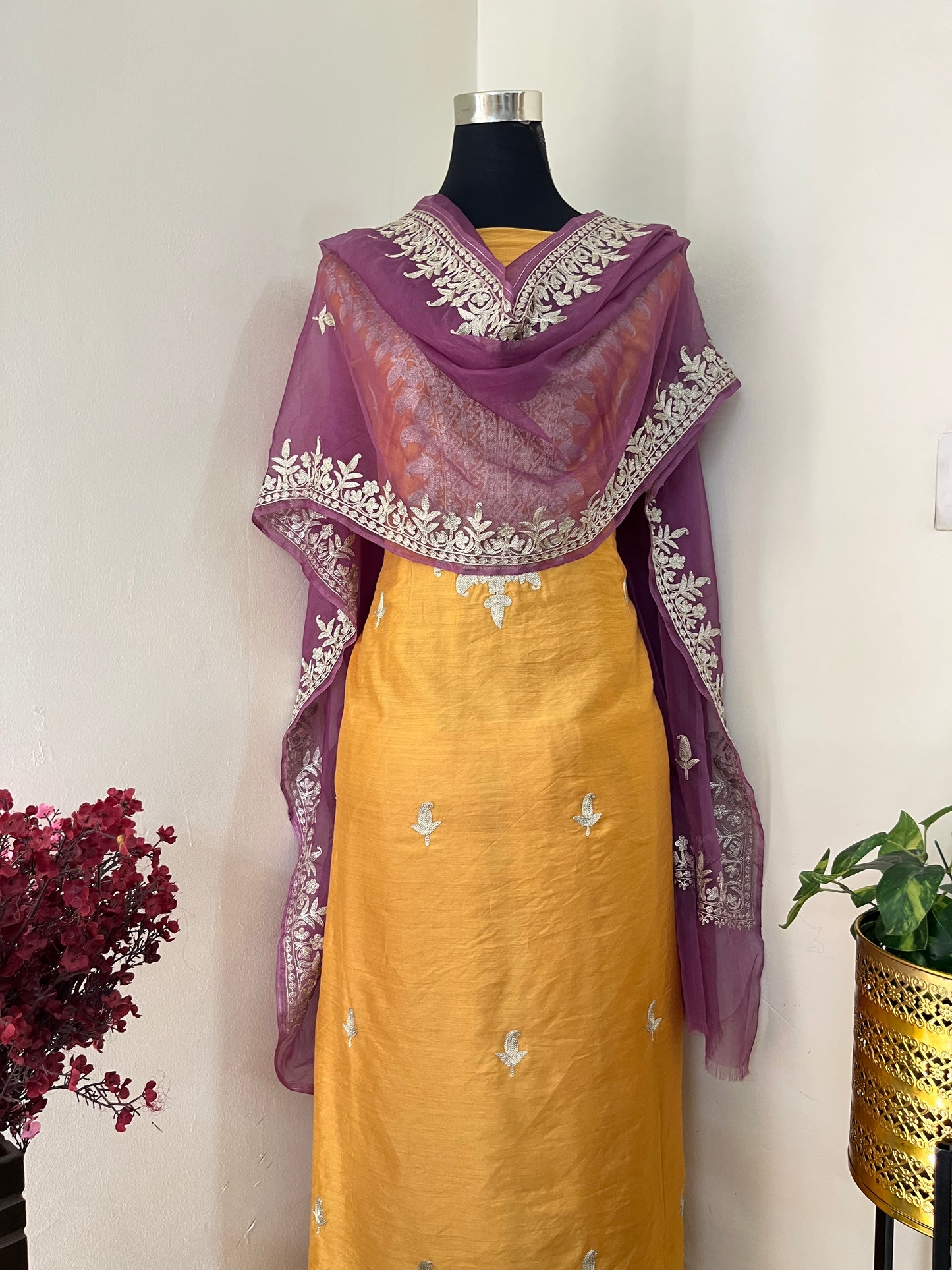 Golden Yellow Chanderi Silk Kashmiri Suit