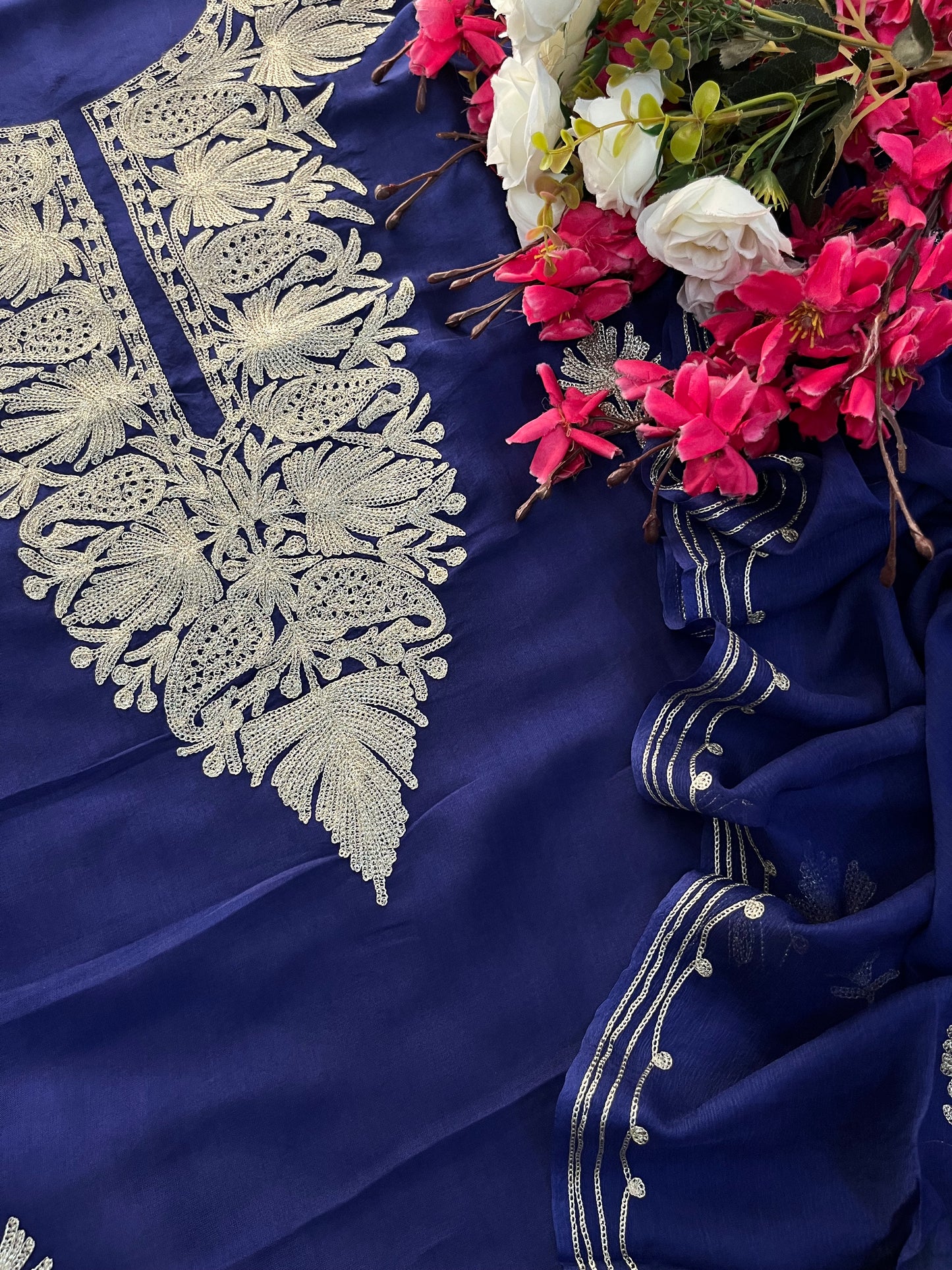 Blue Silk Tilla Kashmiri Suit