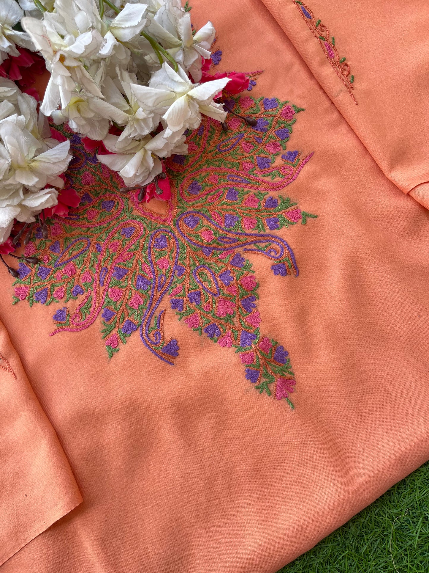 Peach Green Cotton Two Piece Suit(Hand Embroidered)