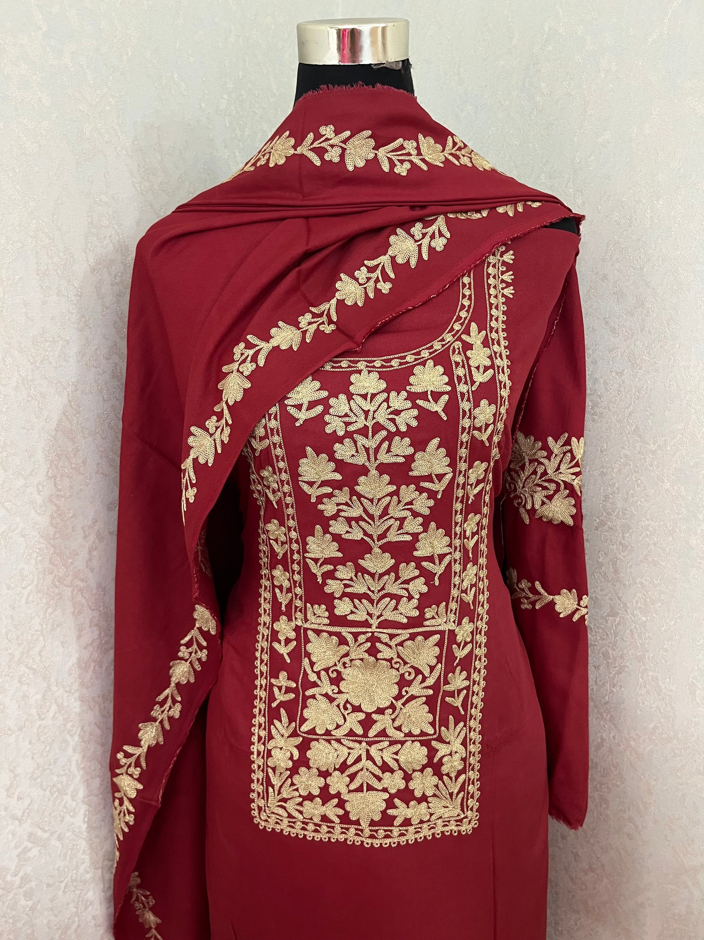 Maroon Silk Pashmina Kashmiri Suit