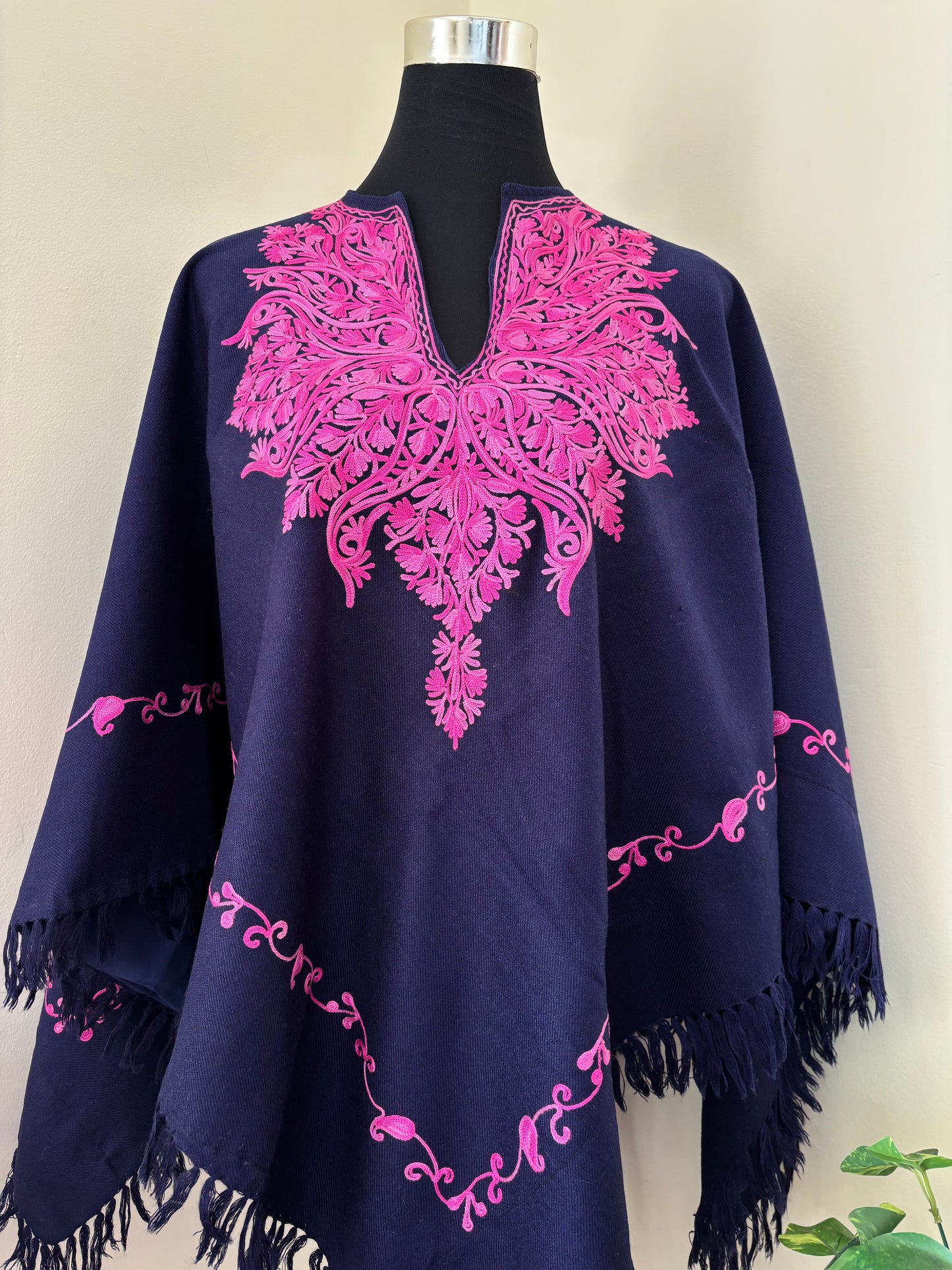 Navy Blue Aari Embroidered Wool Poncho