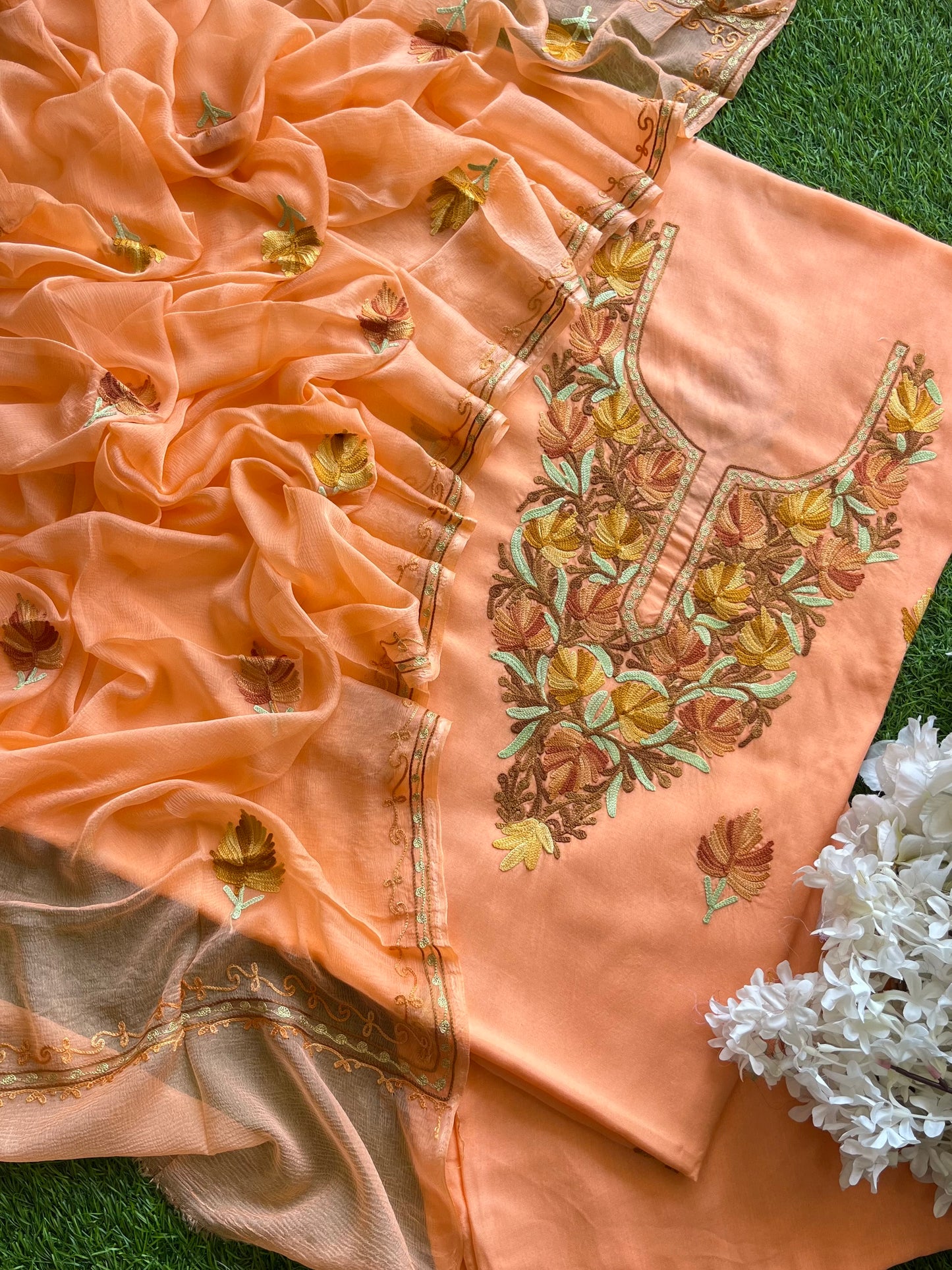 Peach Muslin Cotton Aari Embroidered 3pc set