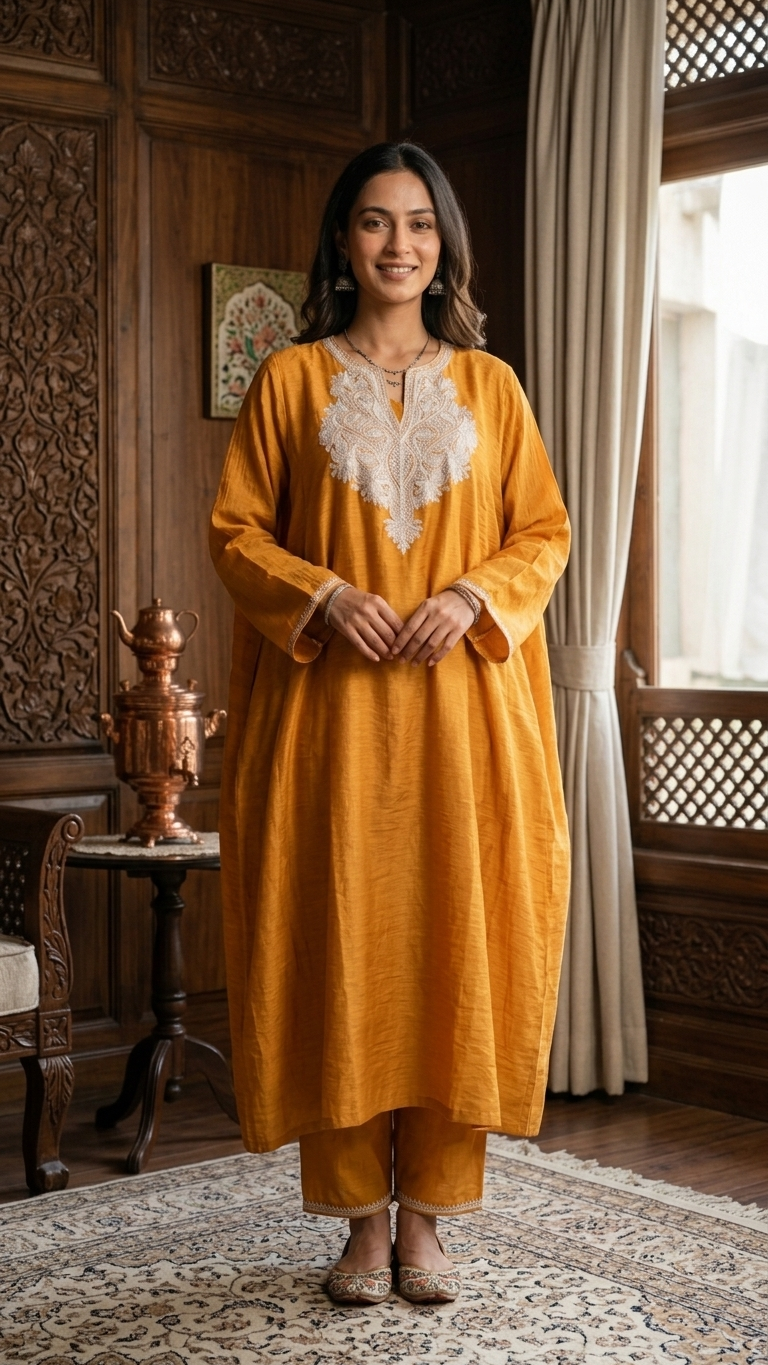 Mustard Cotton Kashmiri Pheran Set (46)