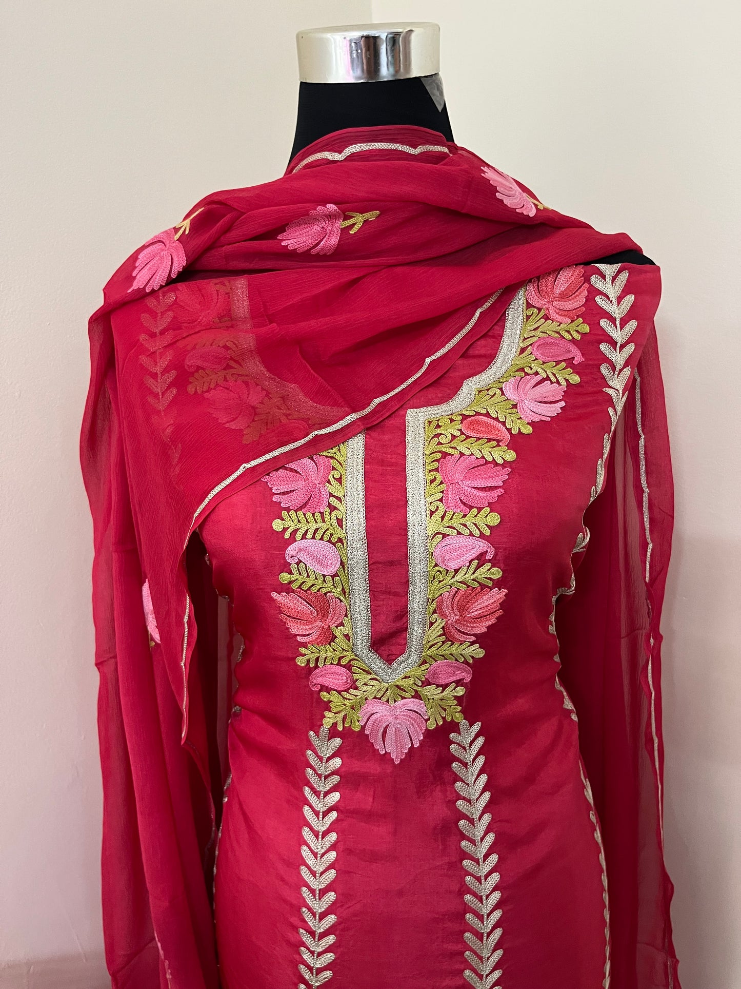 Sanam’ Coral Red Silk Aari Embroidered Suit material