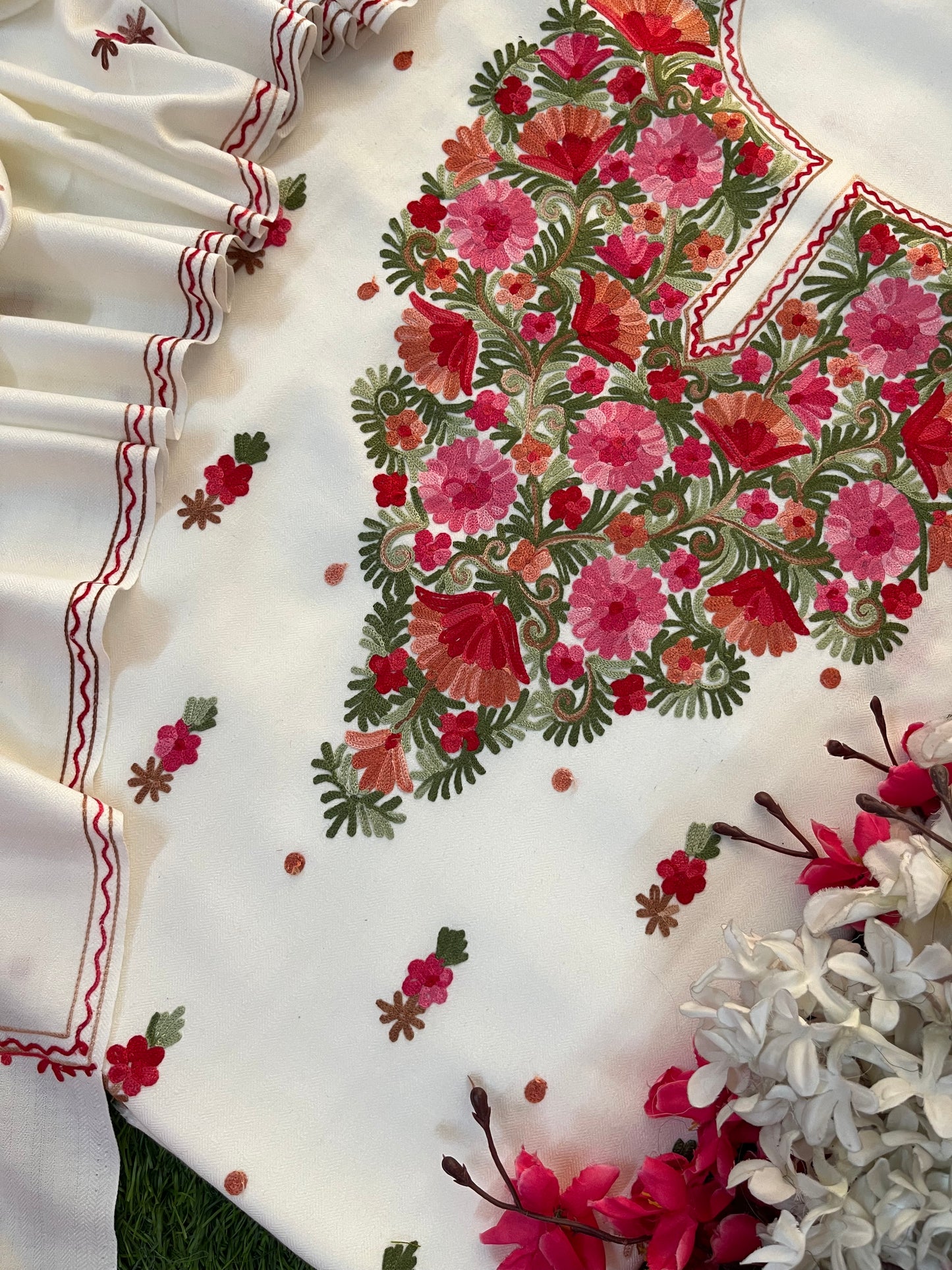 Off White Woollen Aari Embroidered 3pc suit