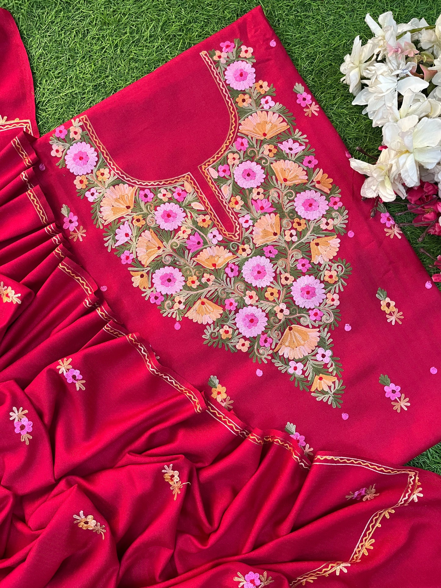 Red Woollen Aari Embroidered 3pc suit