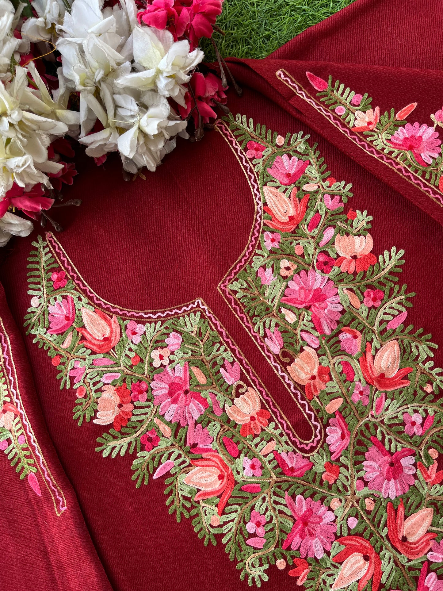 Maroon Woollen Aari Embroidered 2pc suit 5mtr