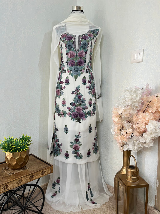 Off White Georgette 3 Pc Kashmiri Suit