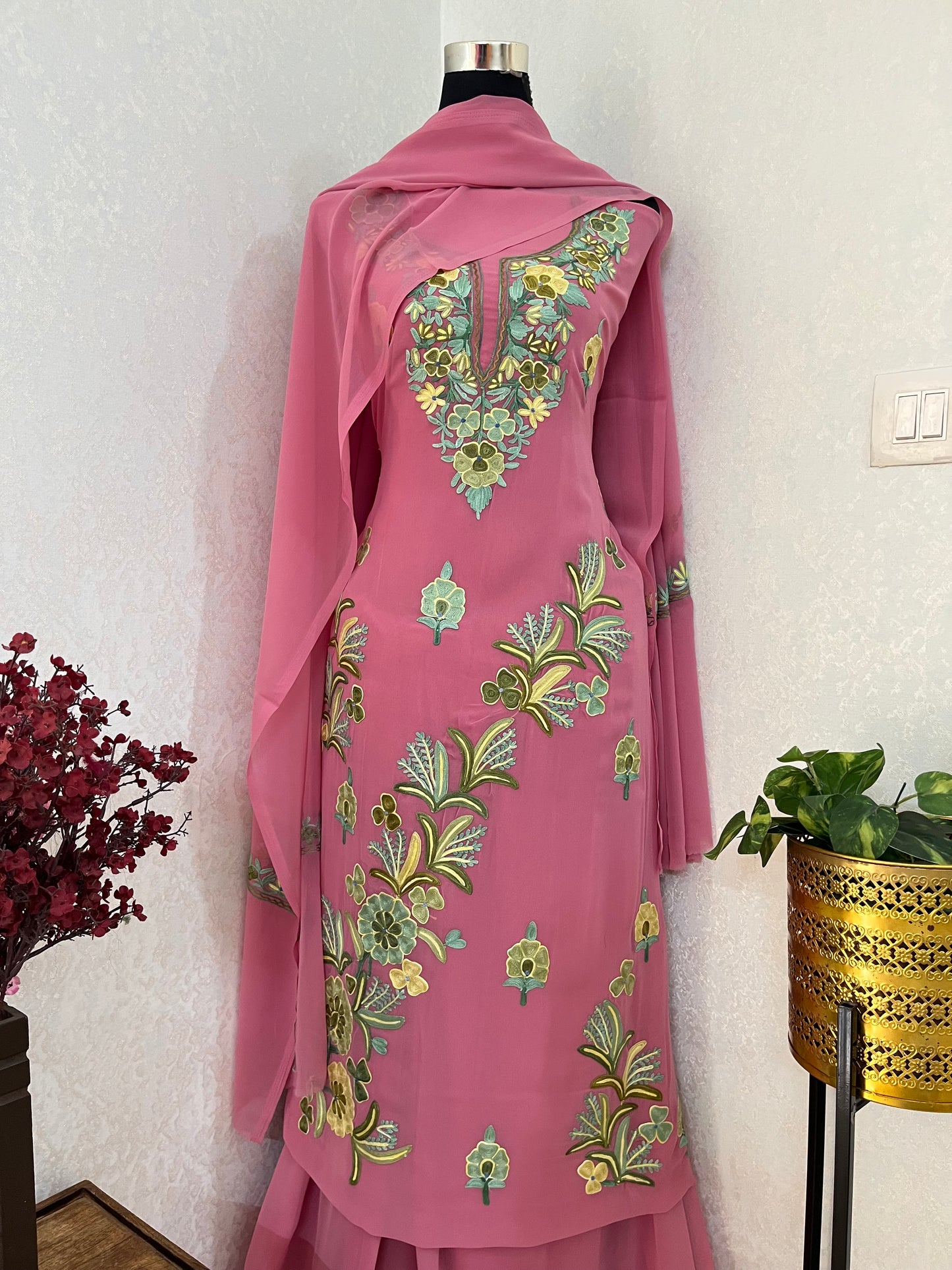 Onion Pink Georgette 3 Pc Aari Embroidered Suit