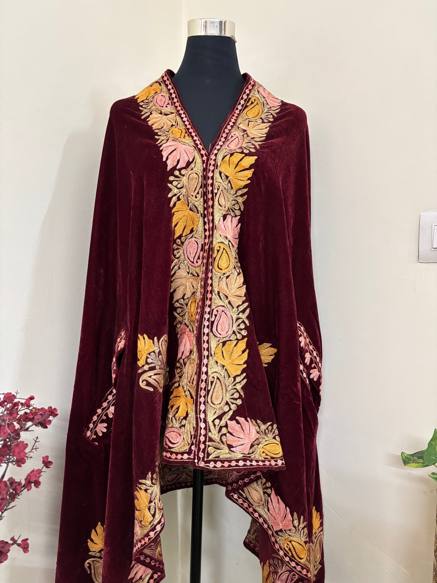 Maroon Aari Embroidered Velvet Cape