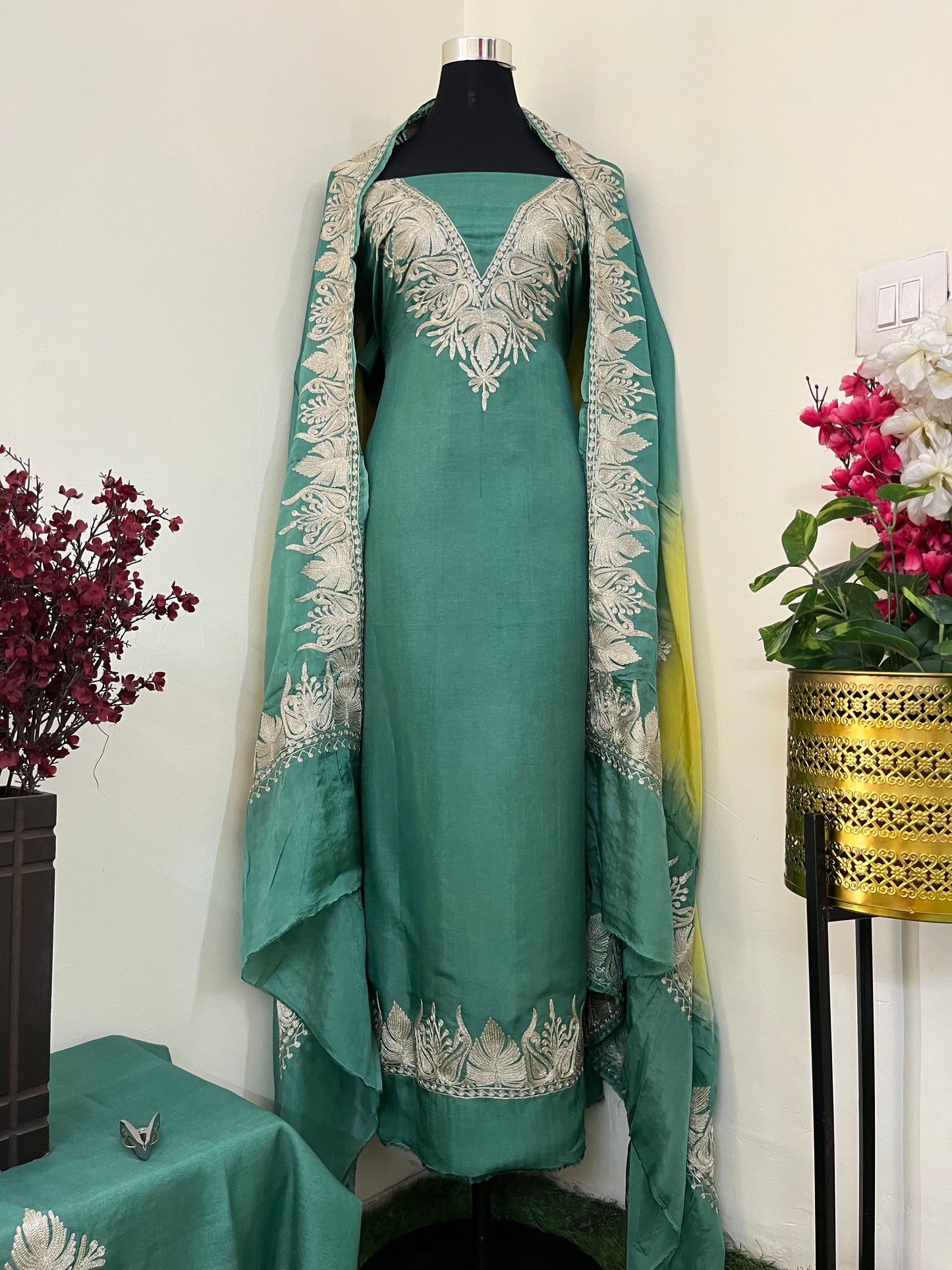 Sanam Pastel Green Silk Kashmiri Suit