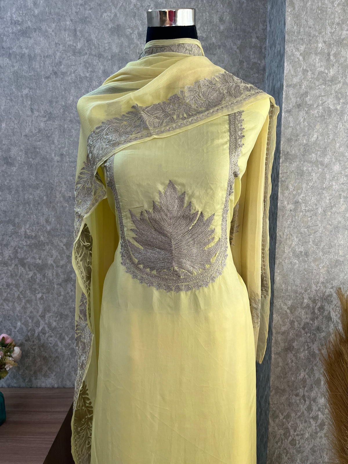 Lemon Yellow Sanam’ Tilla Kashmiri Silk Suit
