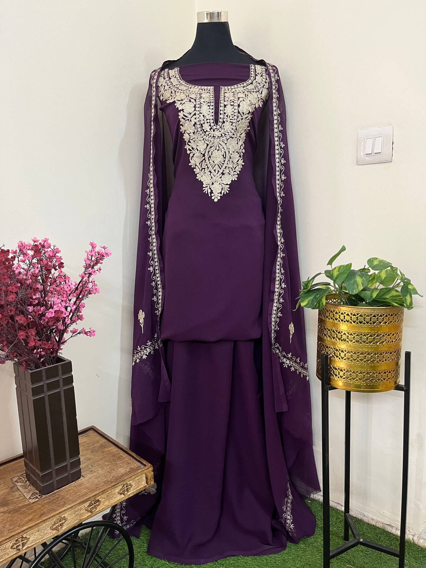 Wine Georgette 3pc Kashmiri Tilla Suit