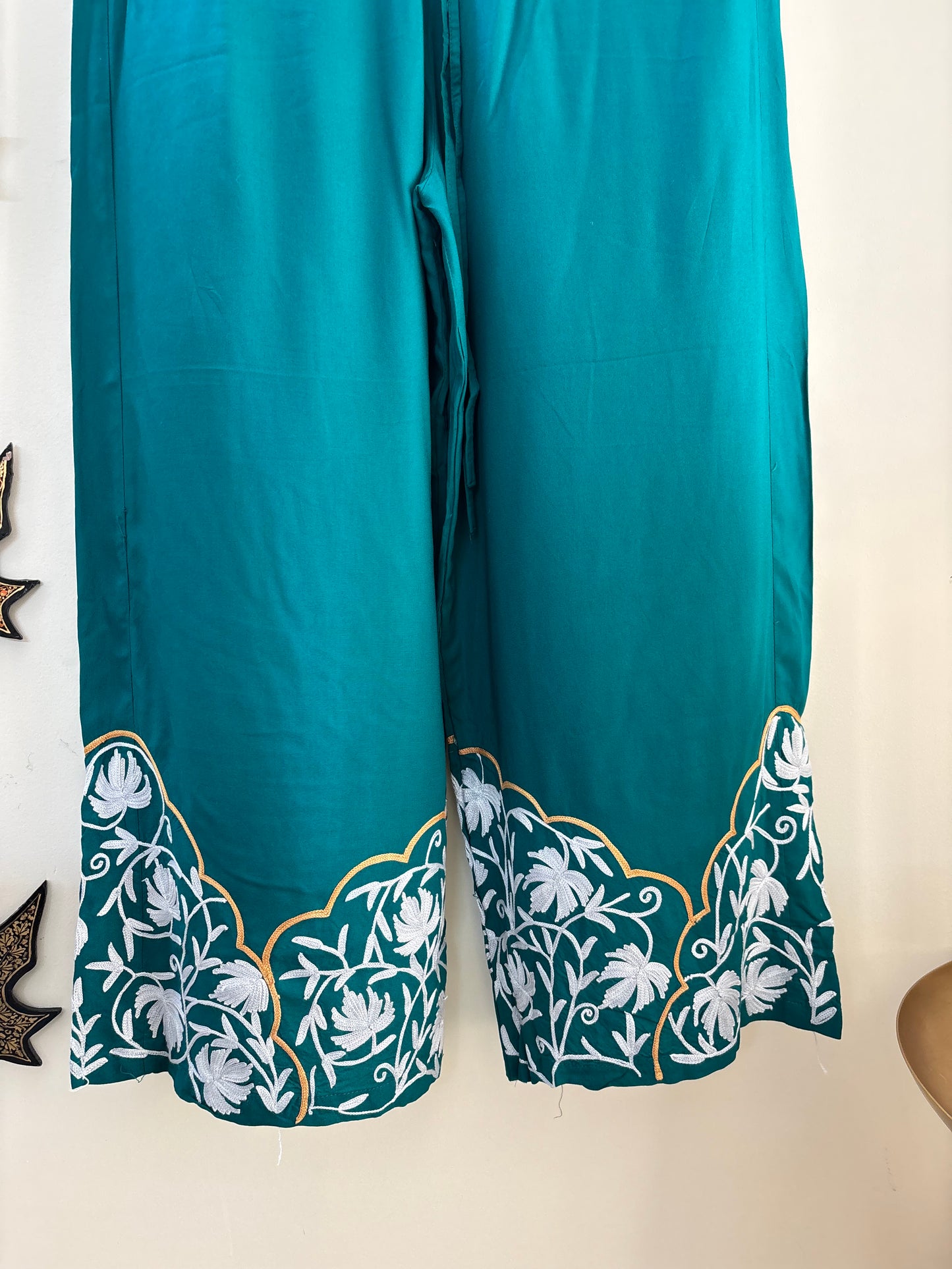 Women Green Wide Leg Solid Embroidered Palazzos