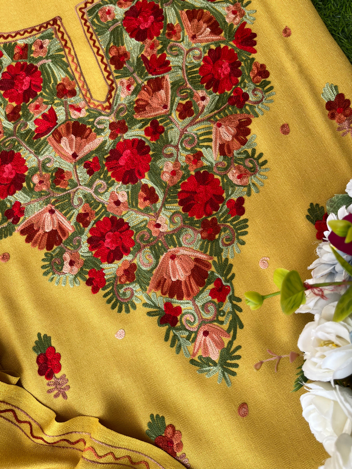 Yellow Woollen Aari Embroidered 3pc suit