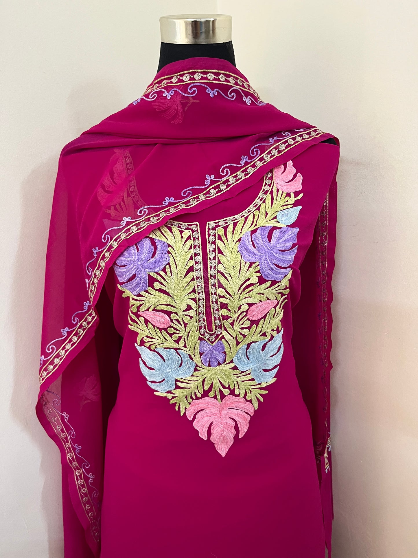 Hot Pink Georgette 3 Pc Aari Embroidered Suit Set