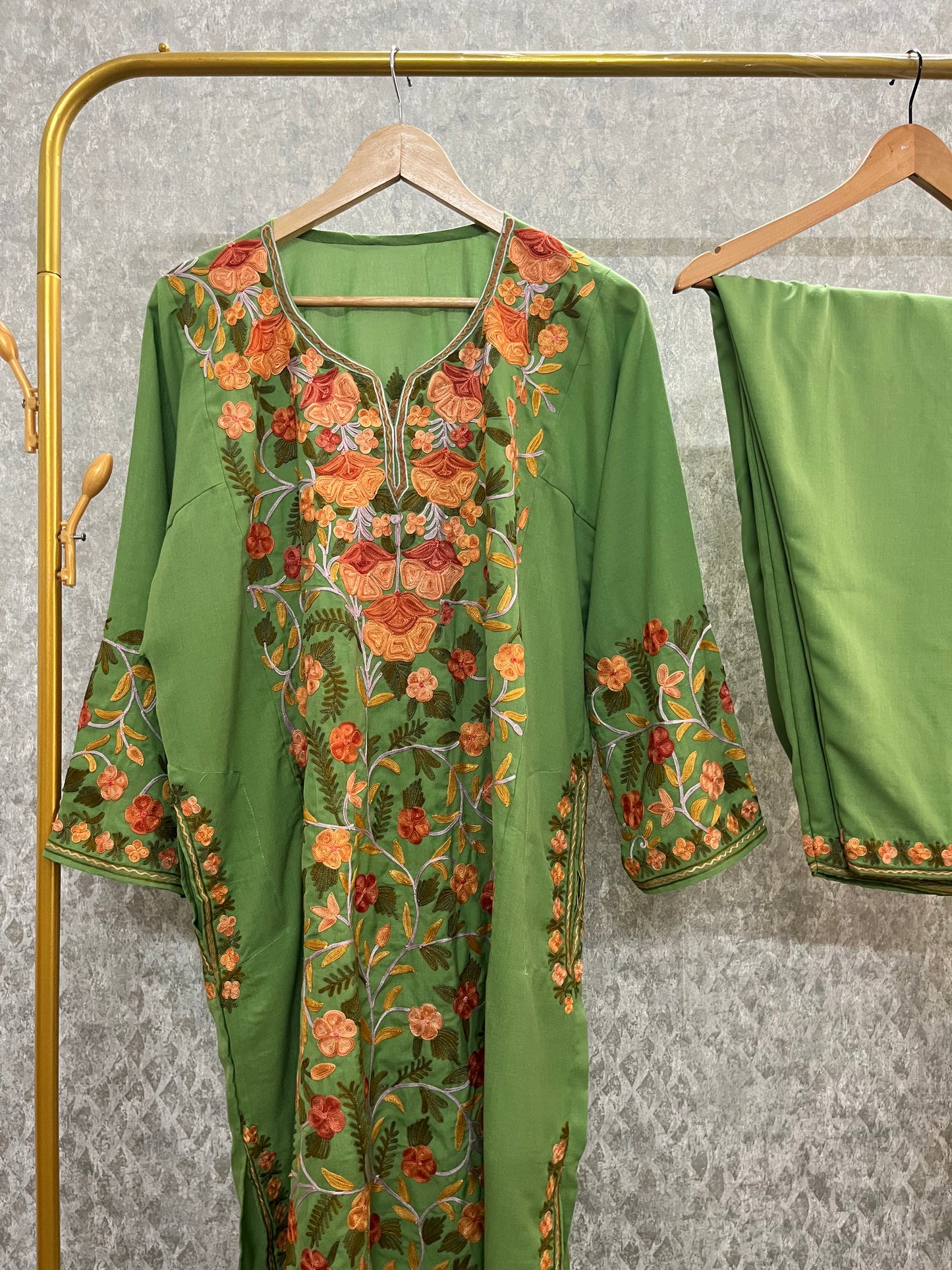 Green Yellow Cotton Front Jaal Pheran Set Size (44)