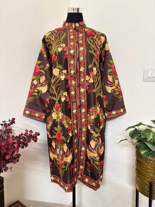 Coffee Brown Aari  Embroidered Silk Jacket XXL