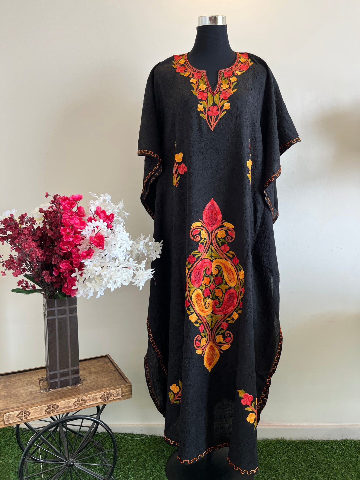 Long Crush Cotton Black Aari embroidered Kaftan