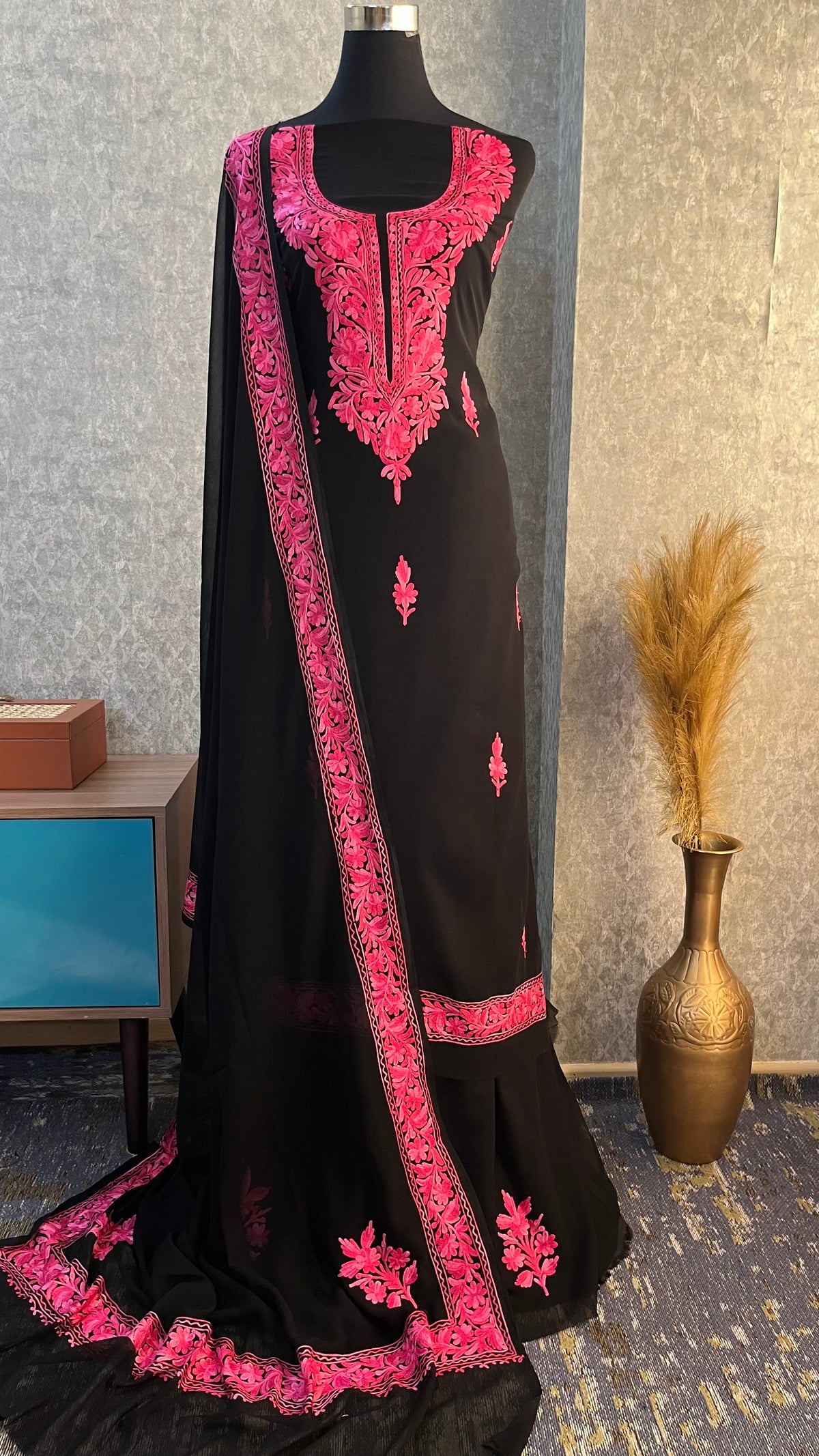 Georgette Black (Pink) 3 Pc Kashmiri Suit