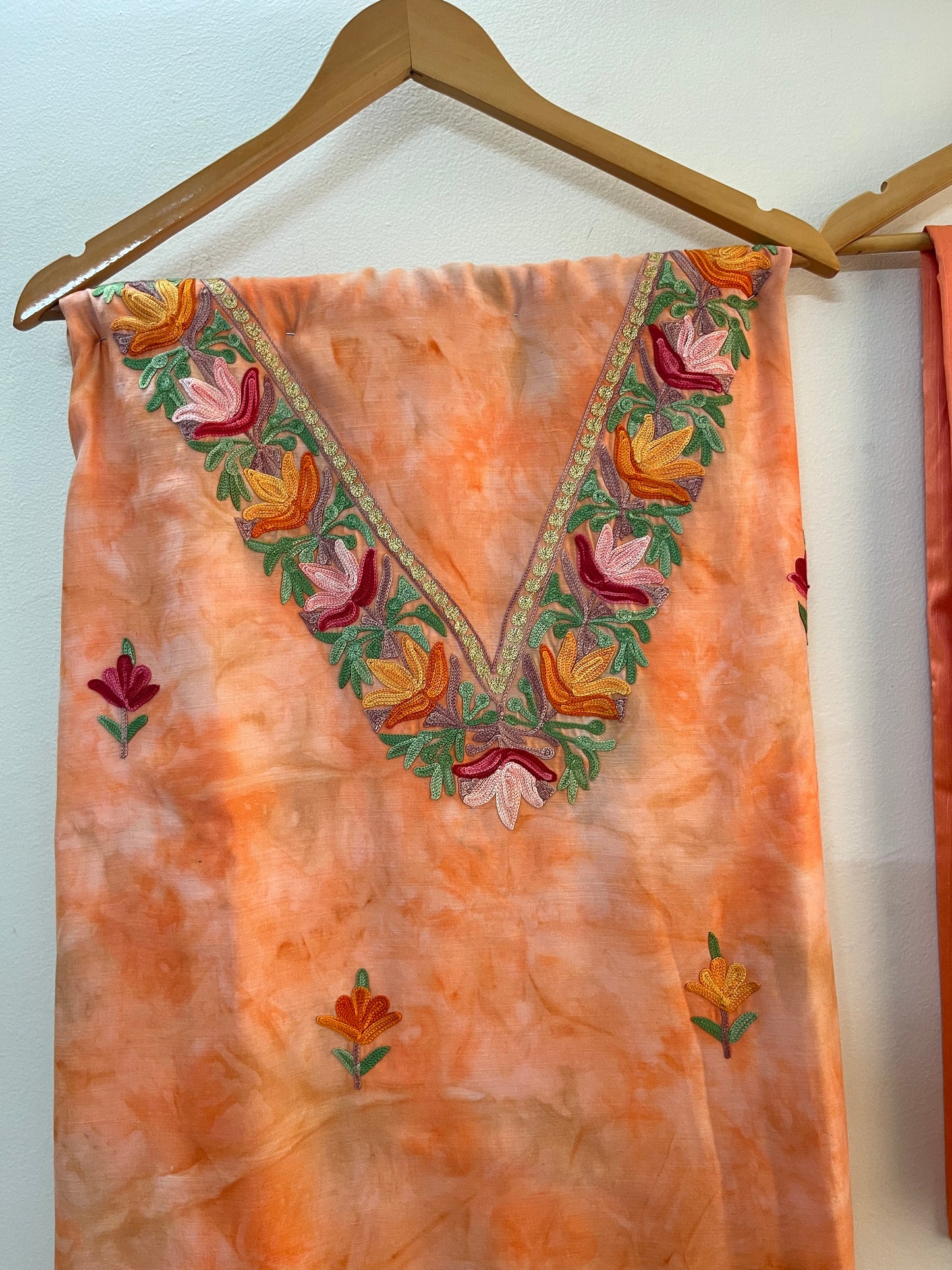 Tangerine Orange Self Work Satin Cotton Unstitched Co-ord Set