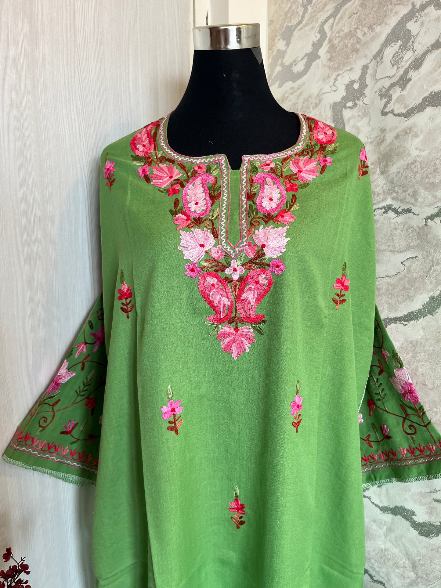 ‘Bageecha’ Parrot Green Cotton Semi Stitched Cream Aari Work Kurti