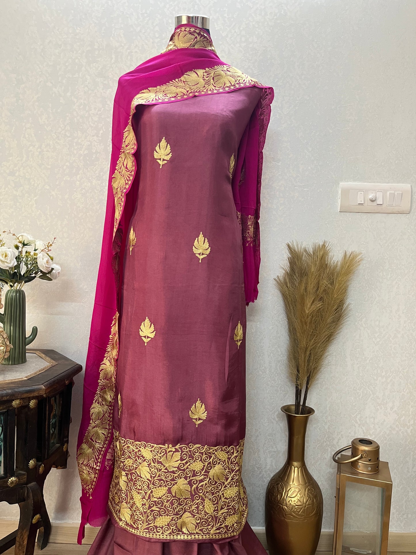 ‘Kalaa’ Onion Pink Opada Silk Tilla Embroidered Suit material