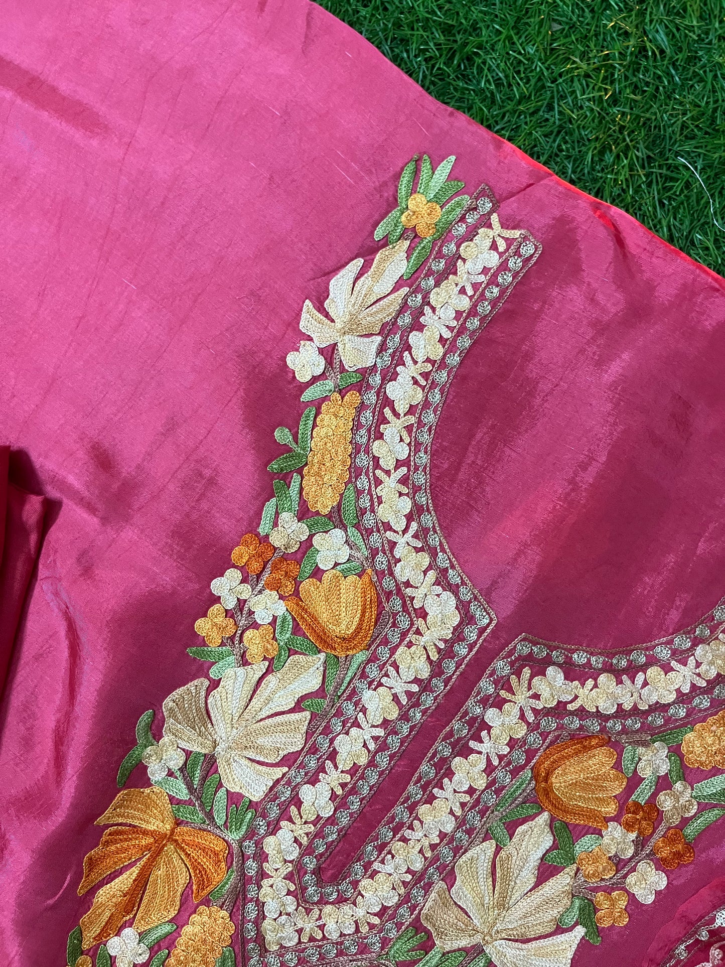 Carrot Pink Opada Silk Aari Embroidered Suit material