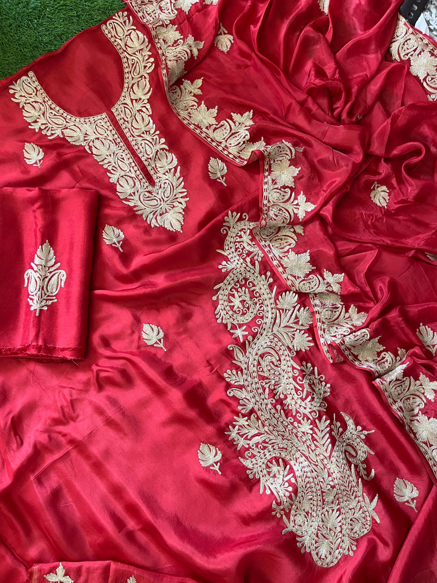 Red Silk Tilla Embroidered Suit material