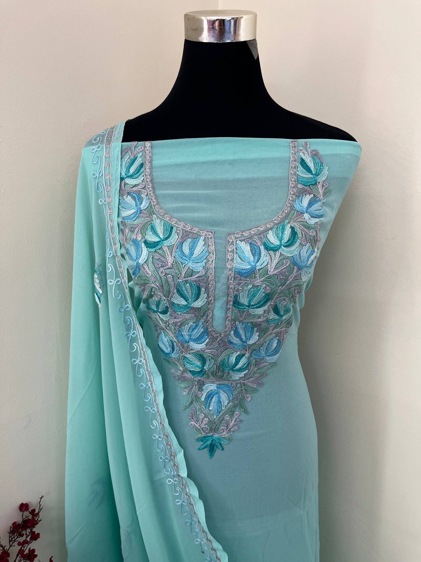 Green Georgette Shirt and Dupatta Aari Embroidered Suit