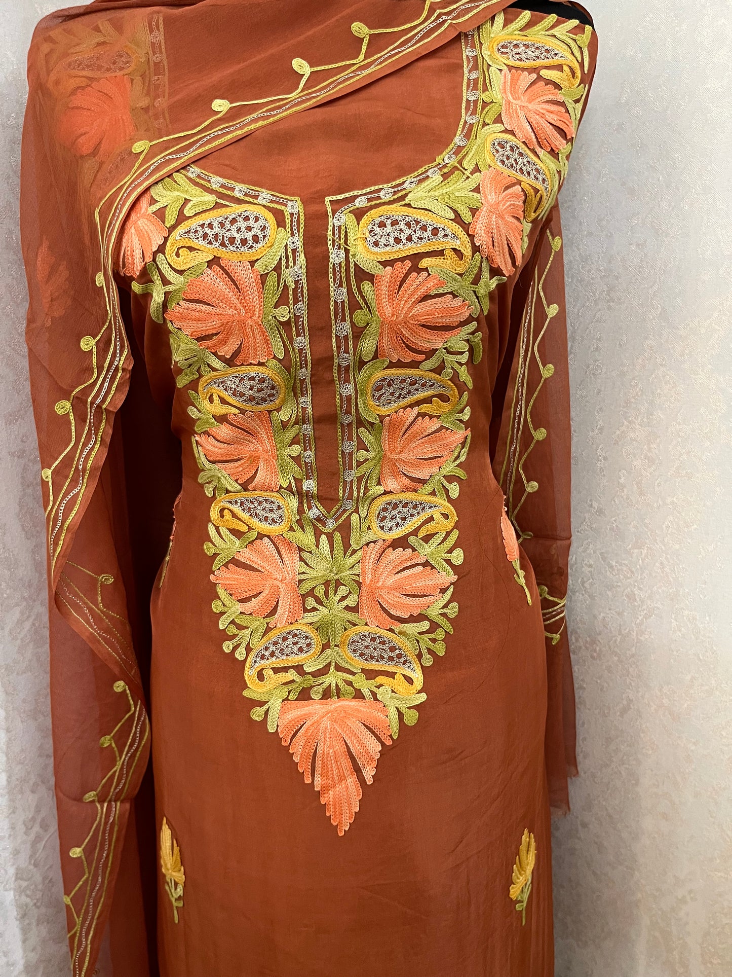 Dull Orange Opada Silk Kashmiri Suits