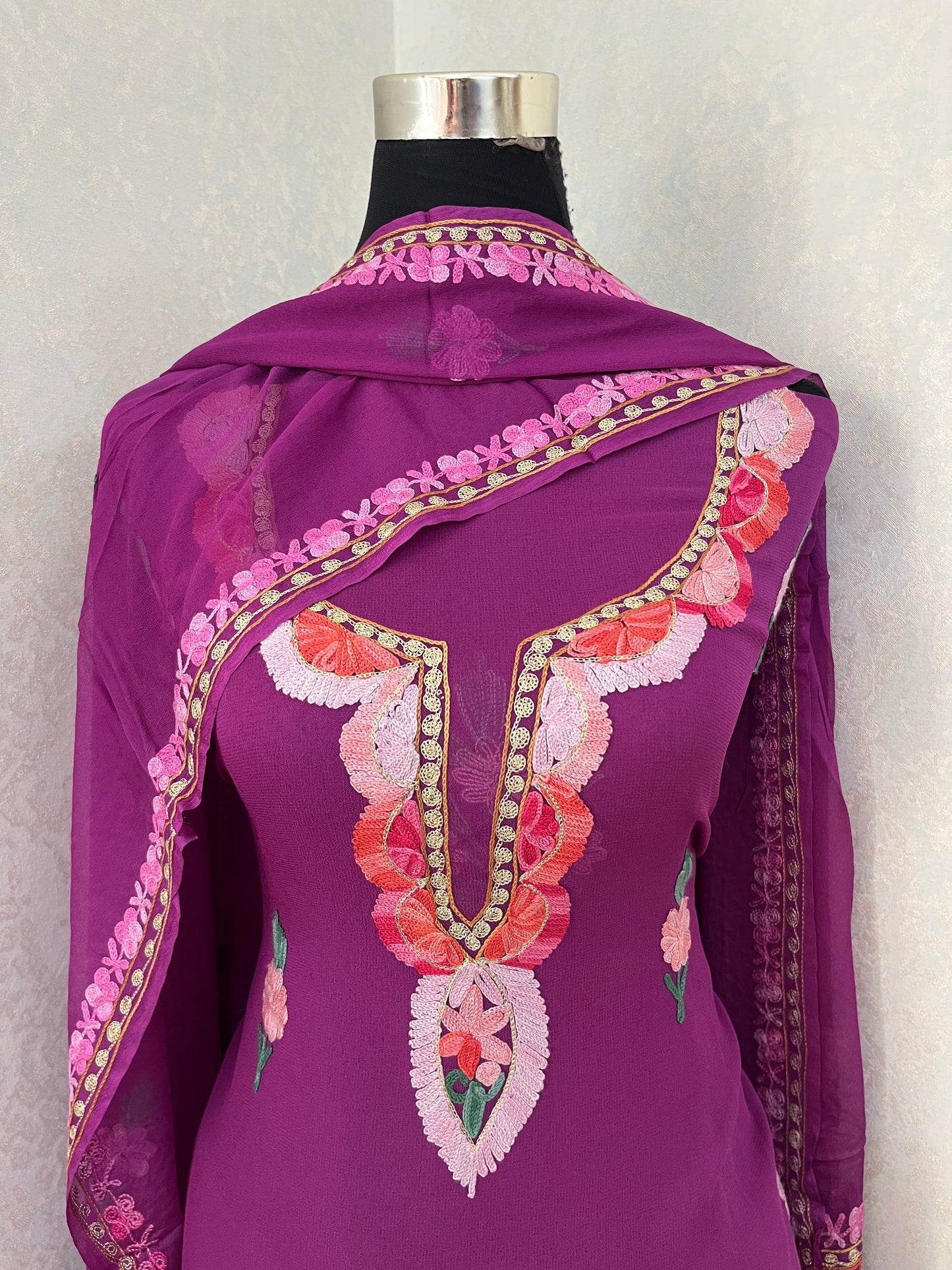 Wine Pure Georgette Aari Embroidered Suit