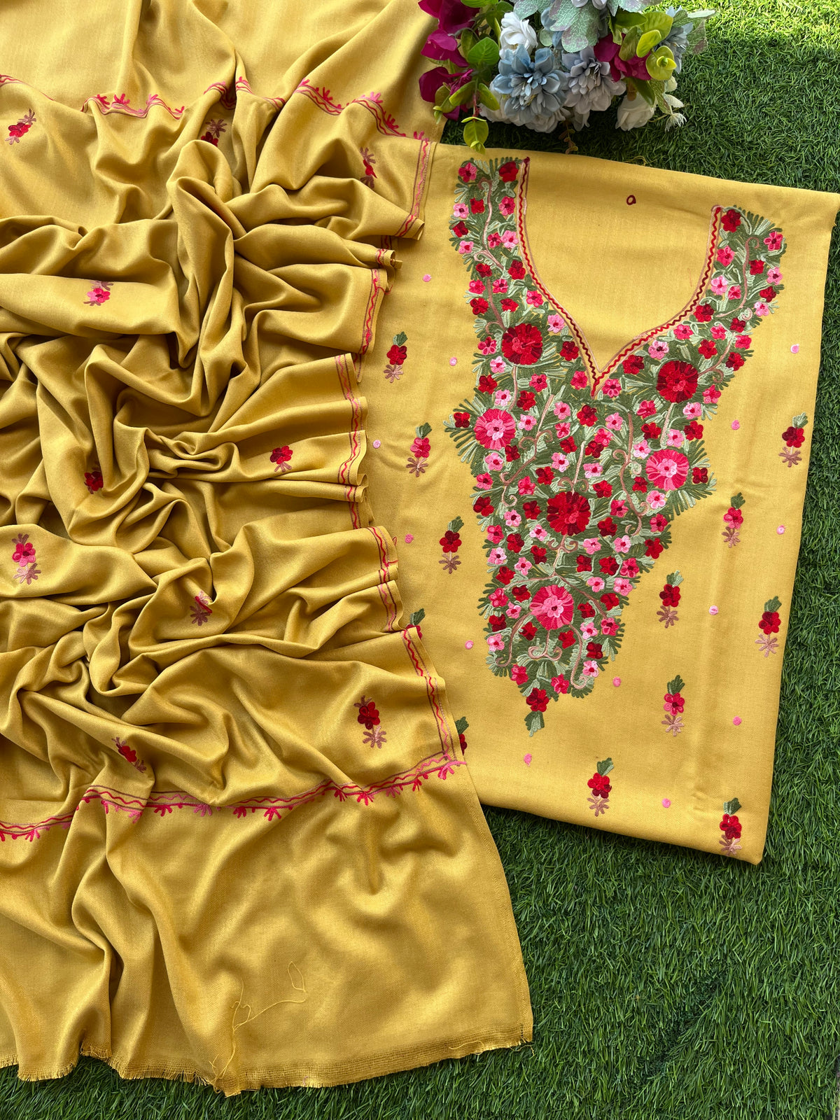 Yellow Woollen Aari Embroidered 3pc suit