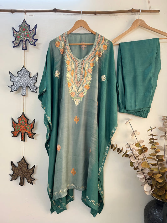 Pastel Green Muslin Cotton Kashmiri Kaftan Set
