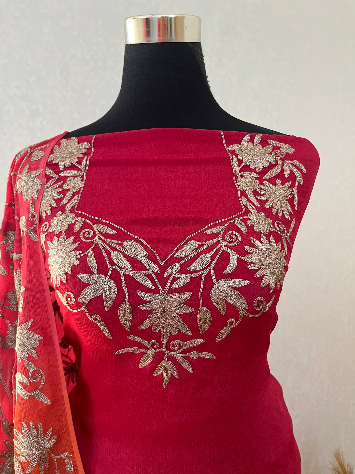 Coral Pink Pure Chinon 3 Pc Heavy Kashmiri Suit