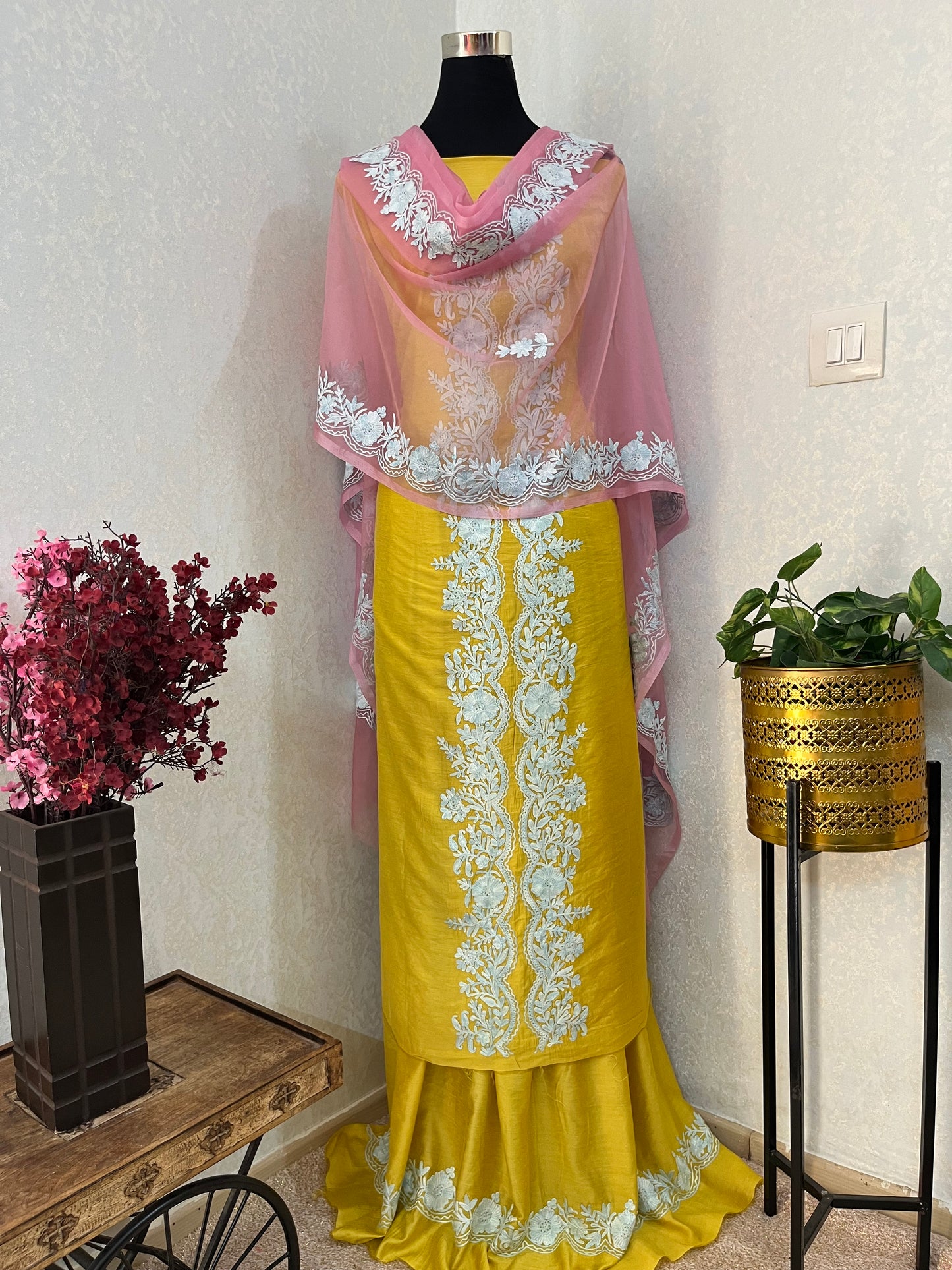 Golden Yellow Chanderi Silk Kashmiri Suit