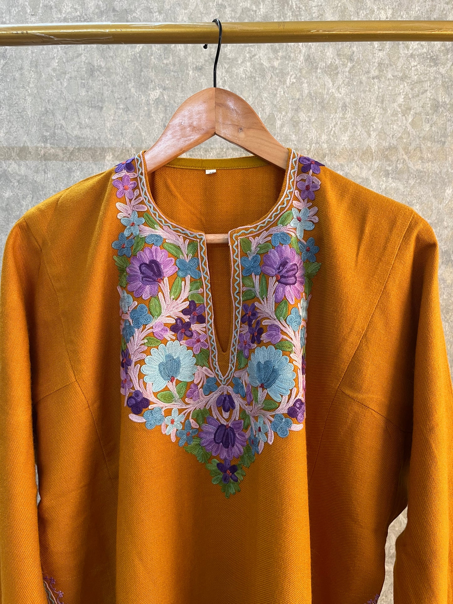 Mustard Yellow Aari Embroidered Wool Pheran